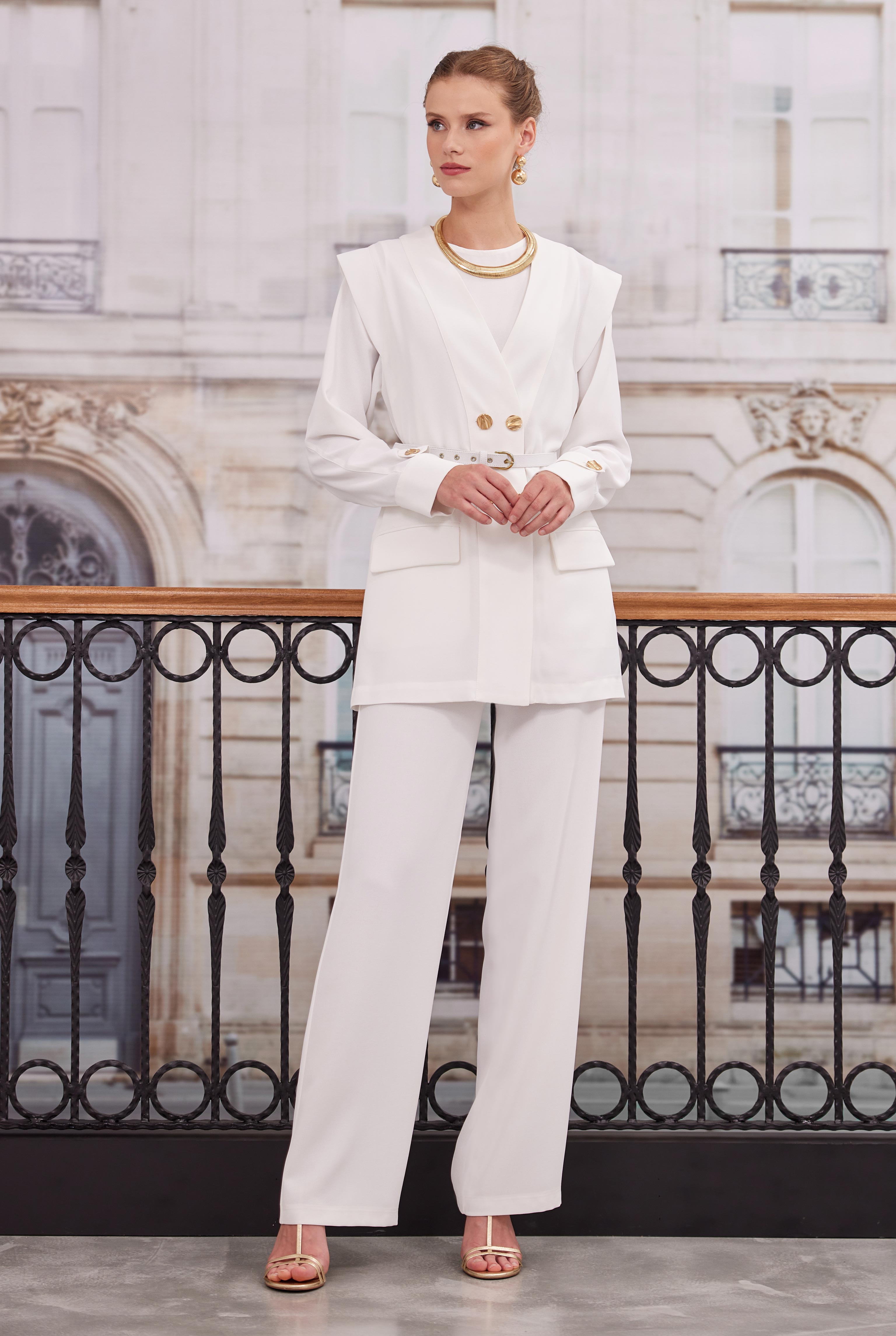 Double Breasted Blazer Jacket Trousers Set White Down - 2