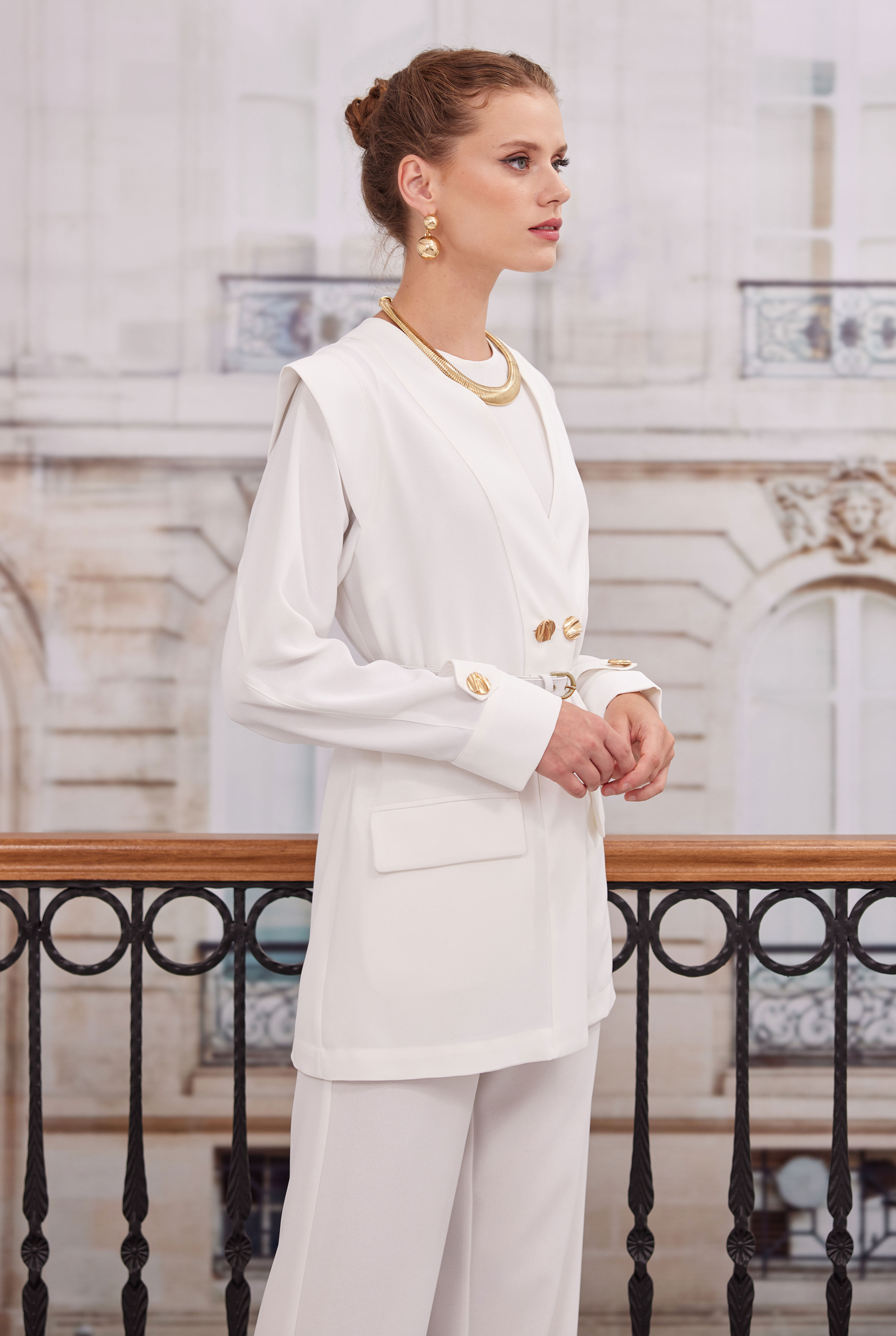 Double Breasted Blazer Jacket Trousers Set White Down - 5