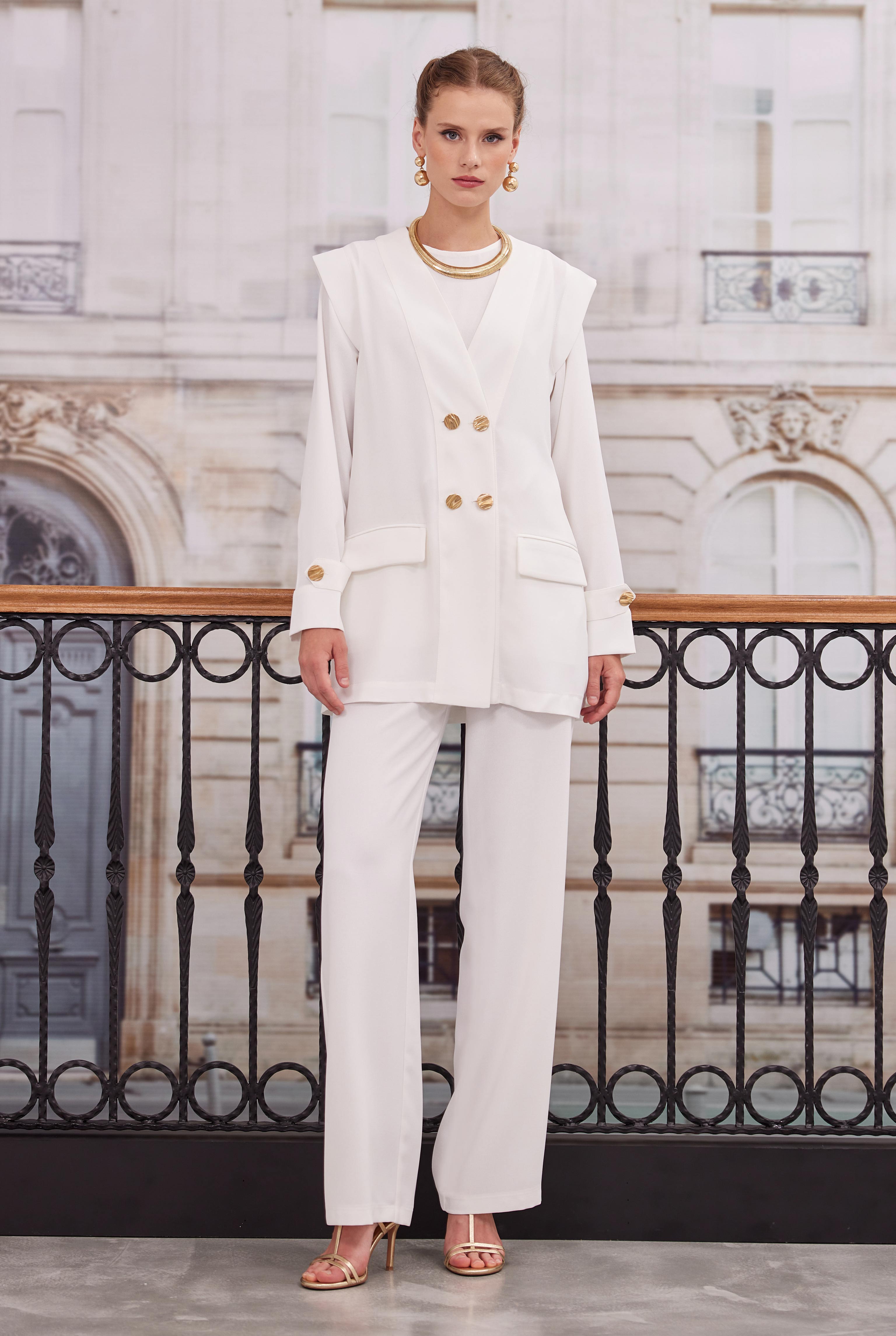 Double Breasted Blazer Jacket Trousers Set White Down - HE-QA