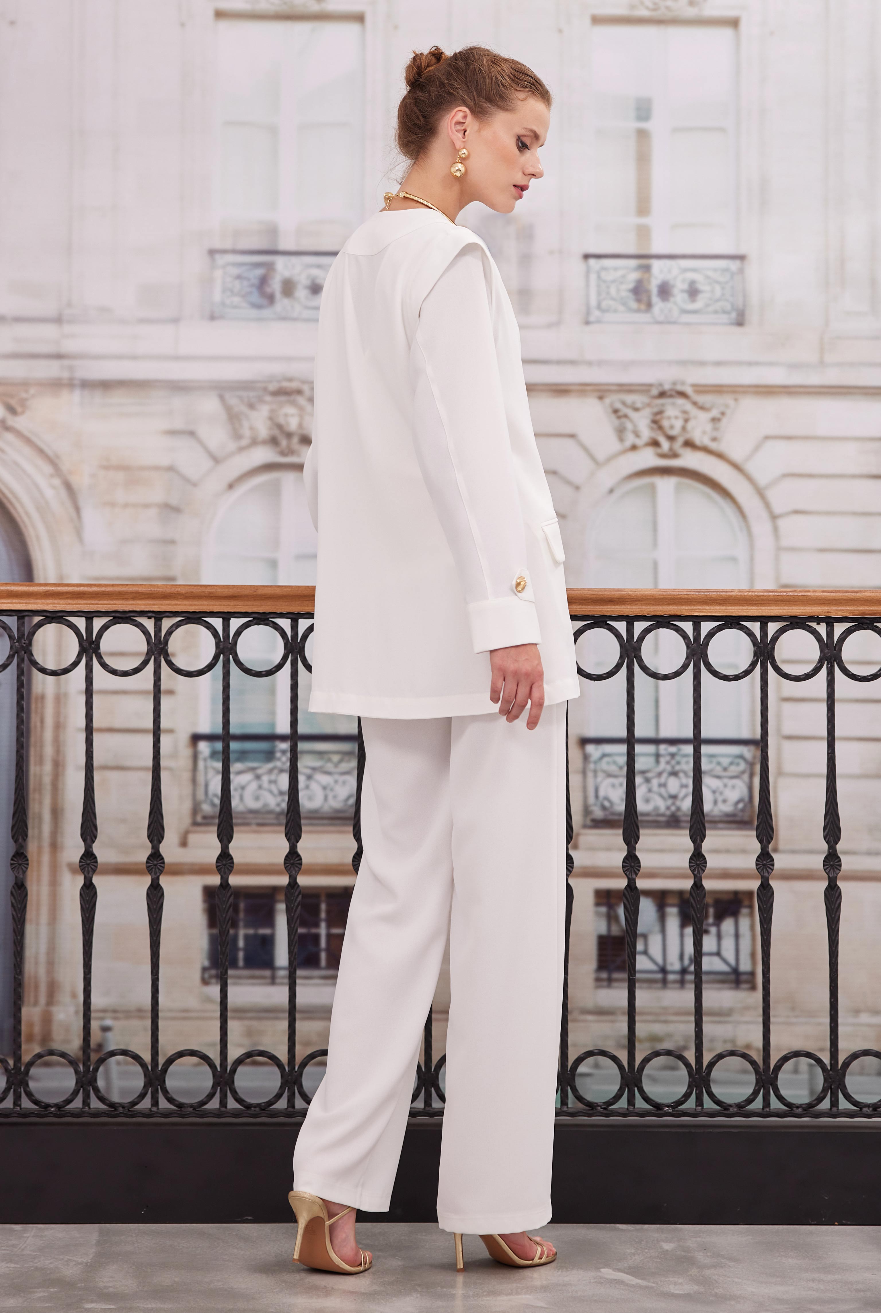 Double Breasted Blazer Jacket Trousers Set White Down - 6