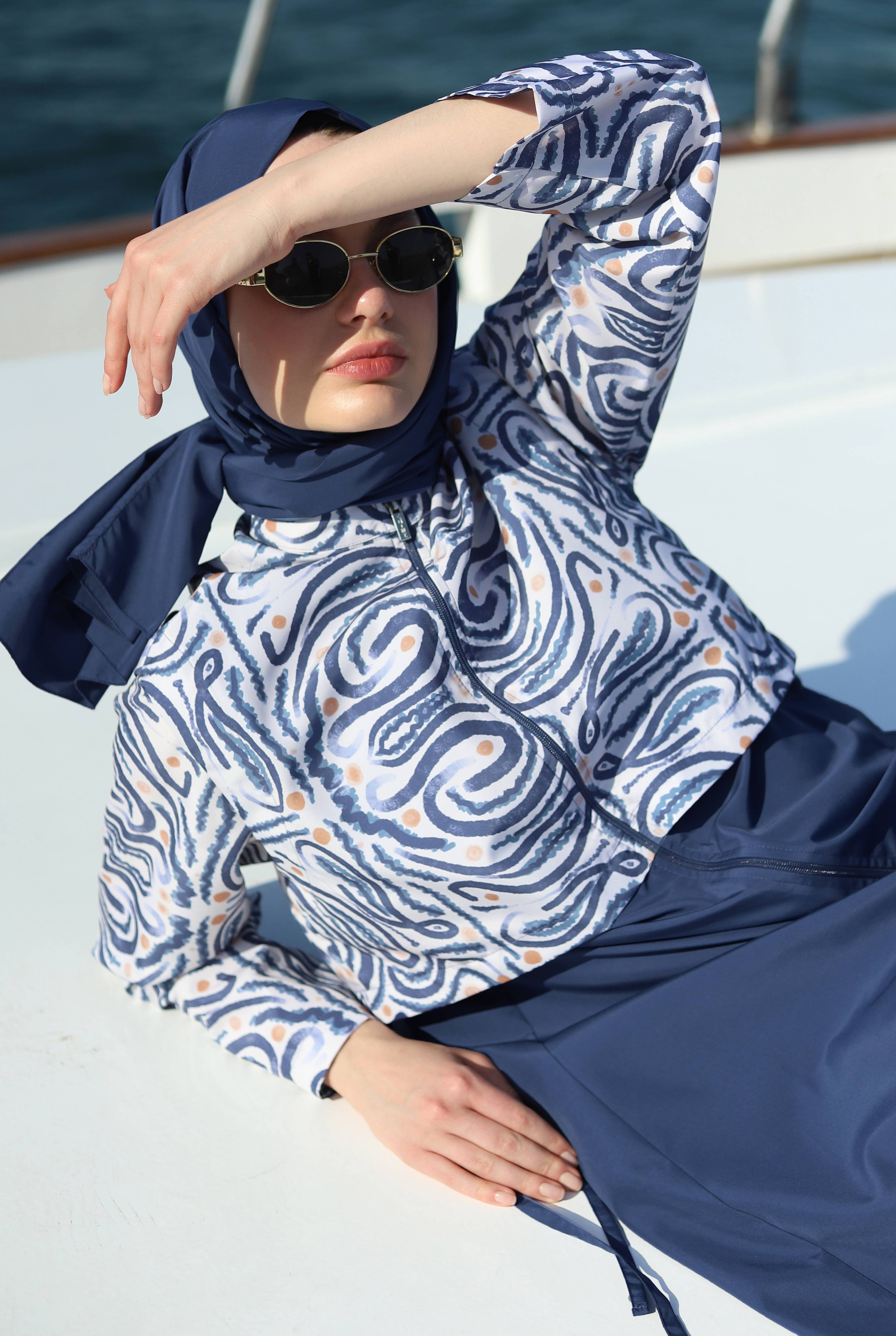 Patterned Swimsuit Navy Blue - 2