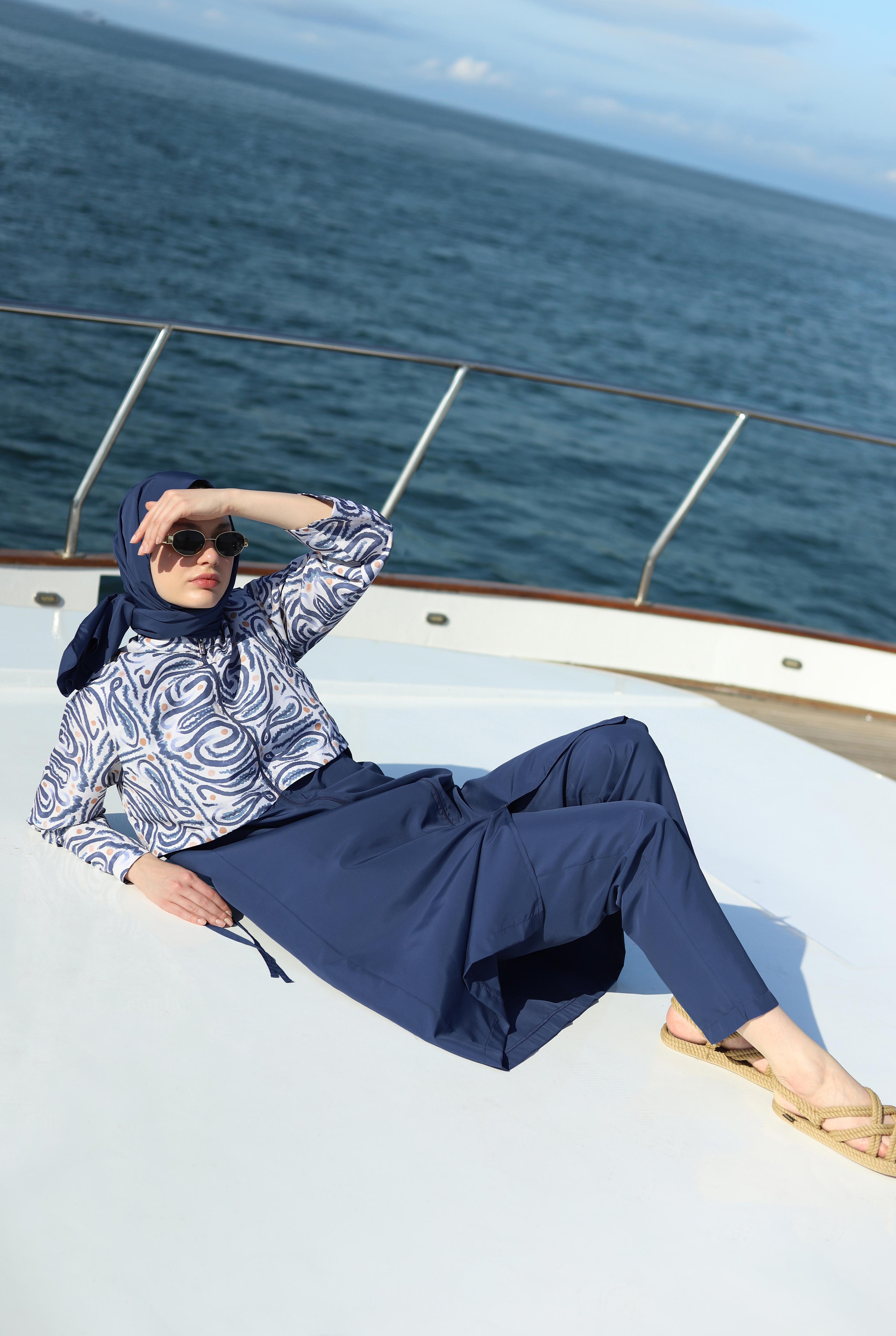 Patterned Swimsuit Navy Blue - 4