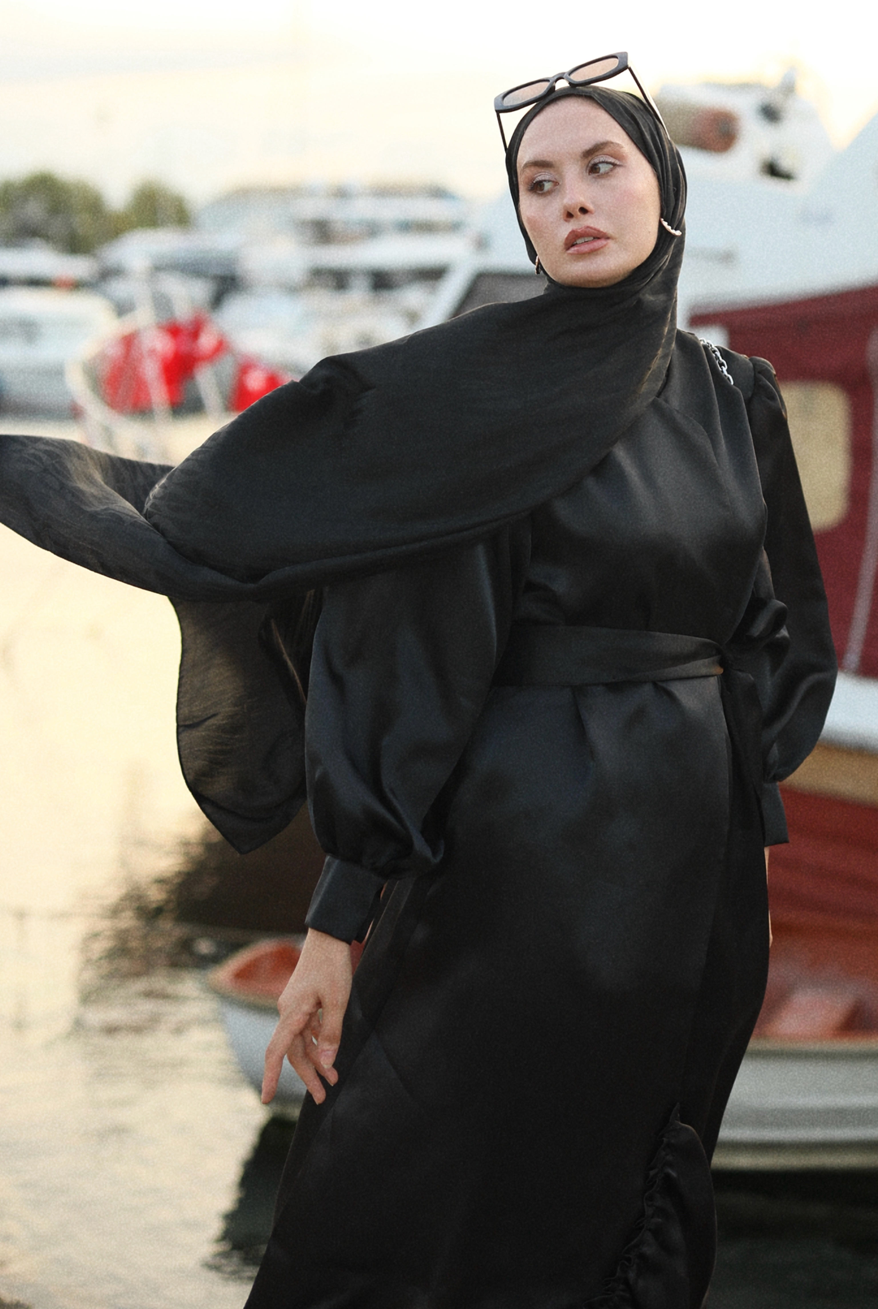 Ruffled Taffeta Dress Black - 2