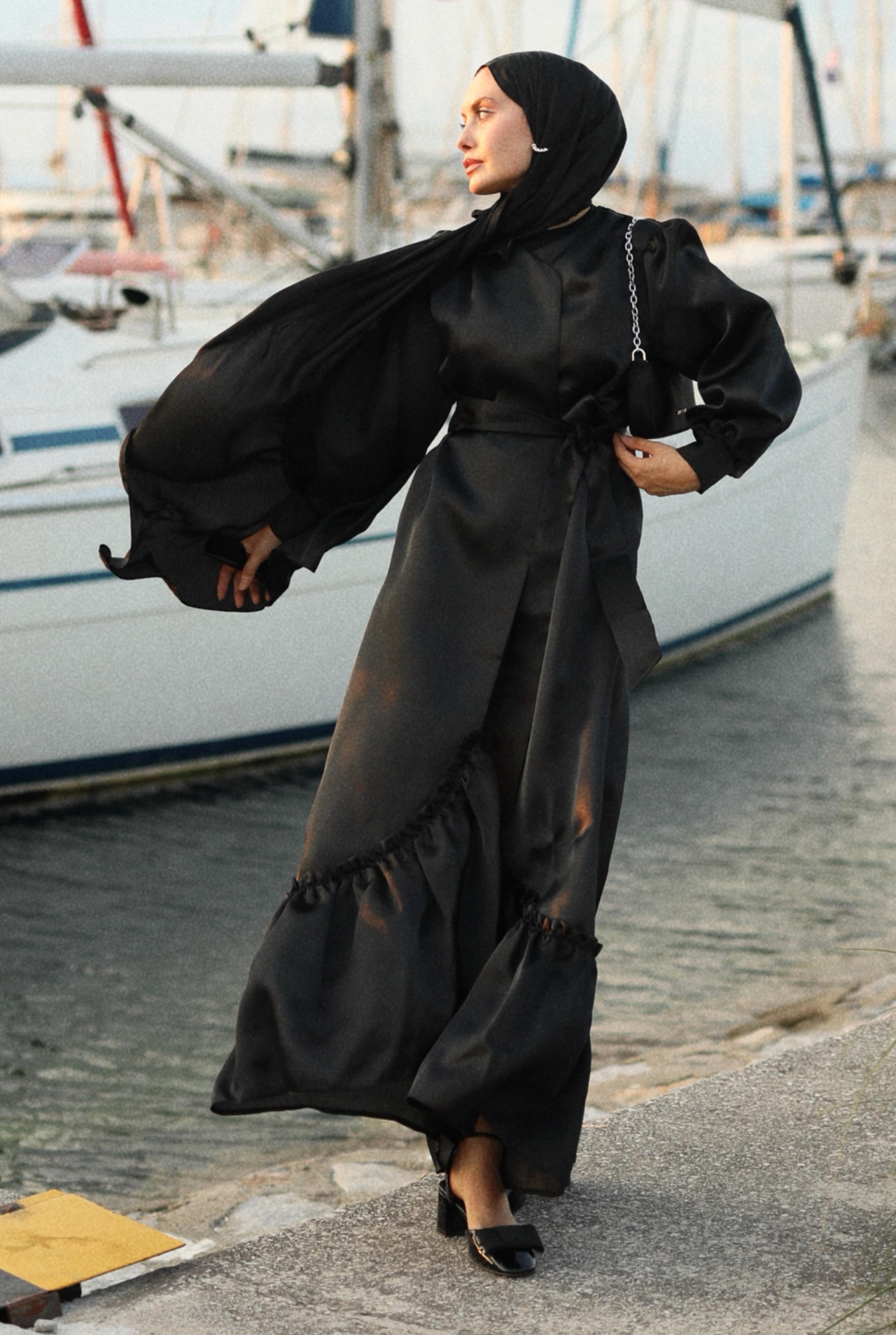 Ruffled Taffeta Dress Black - HE-QA