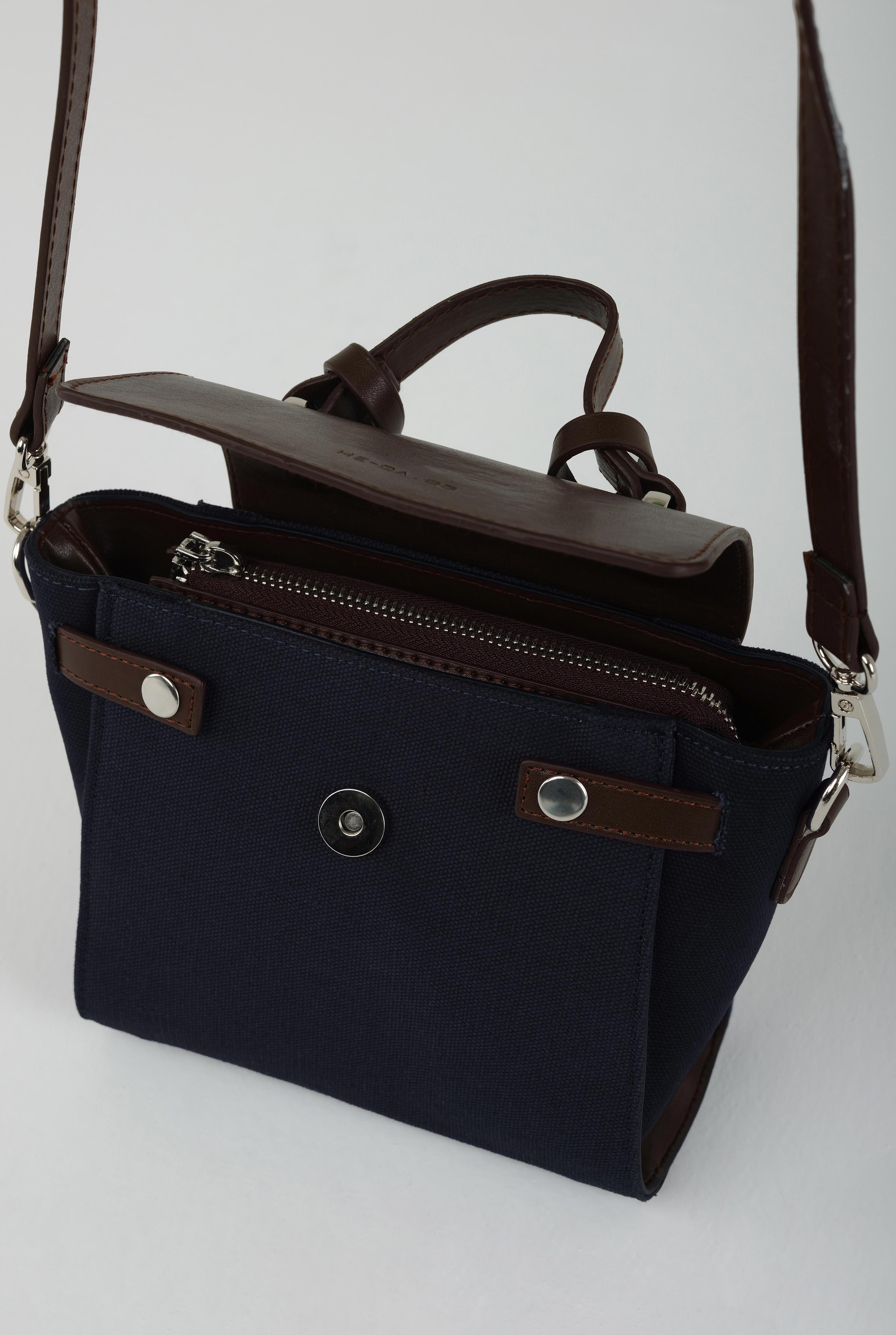 Leather Covered Canvas Bag Navy Blue - 9