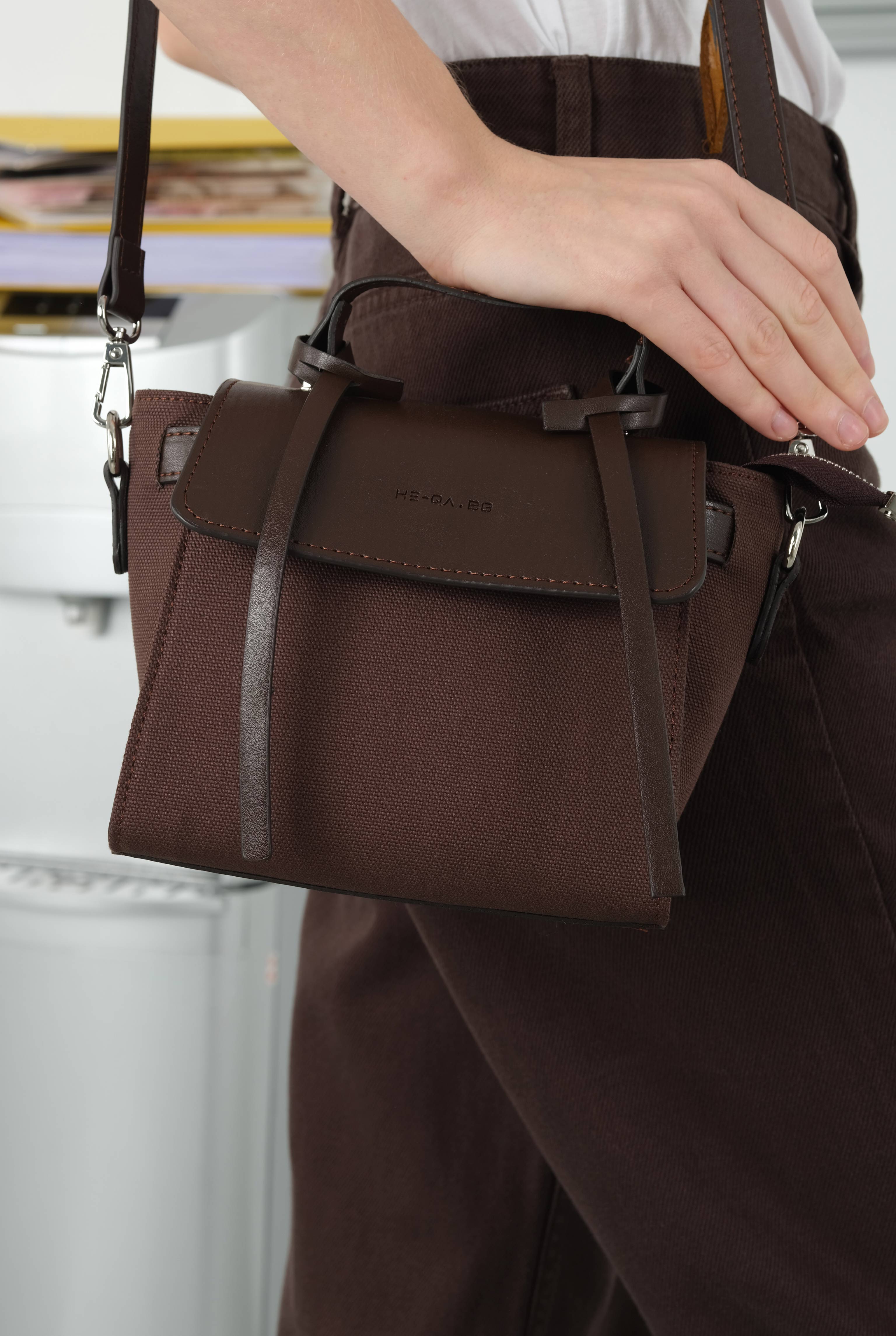 Leather Covered Canvas Bag Brown - 6