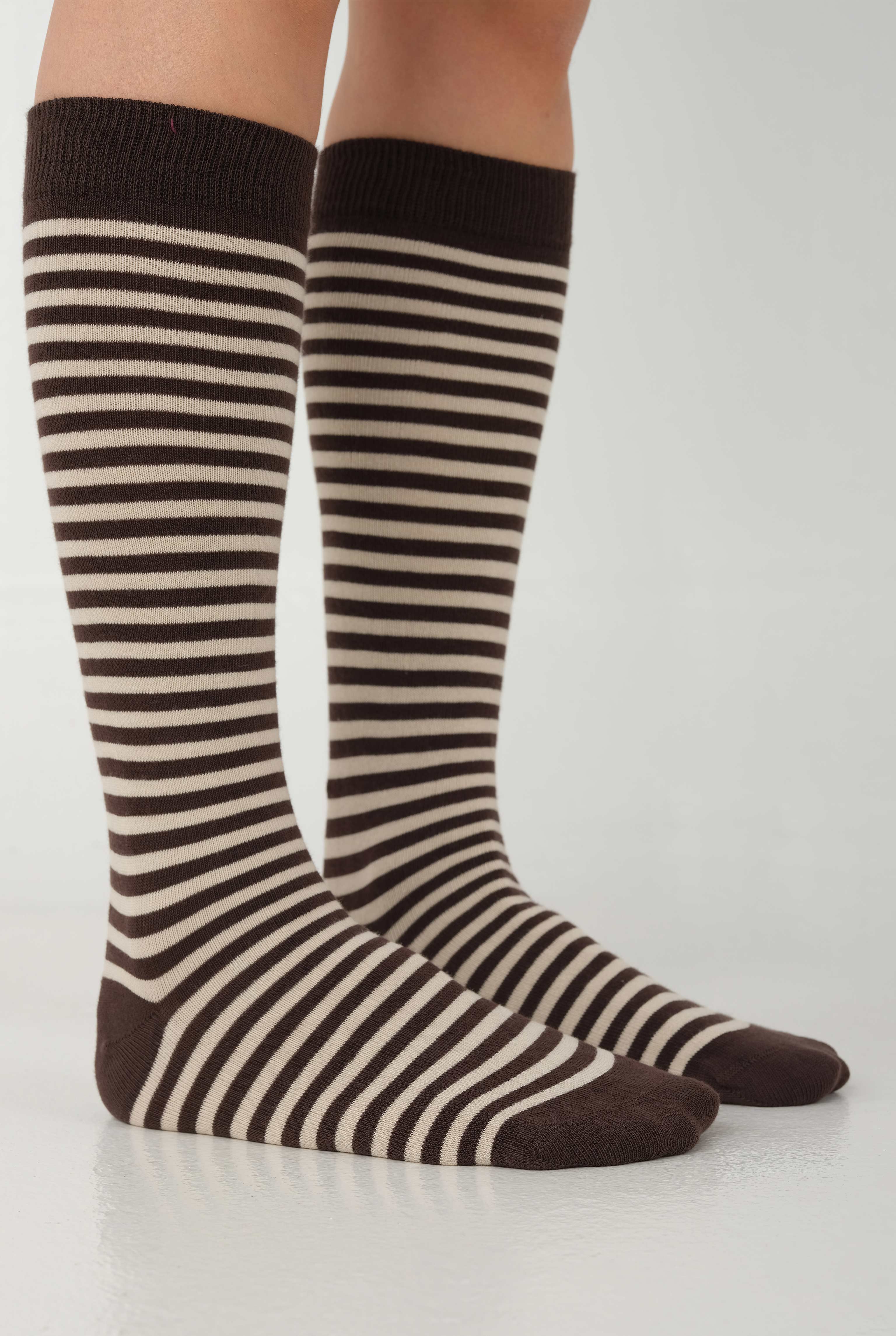 Striped Knee Sock Beige-Dark Brown - 3