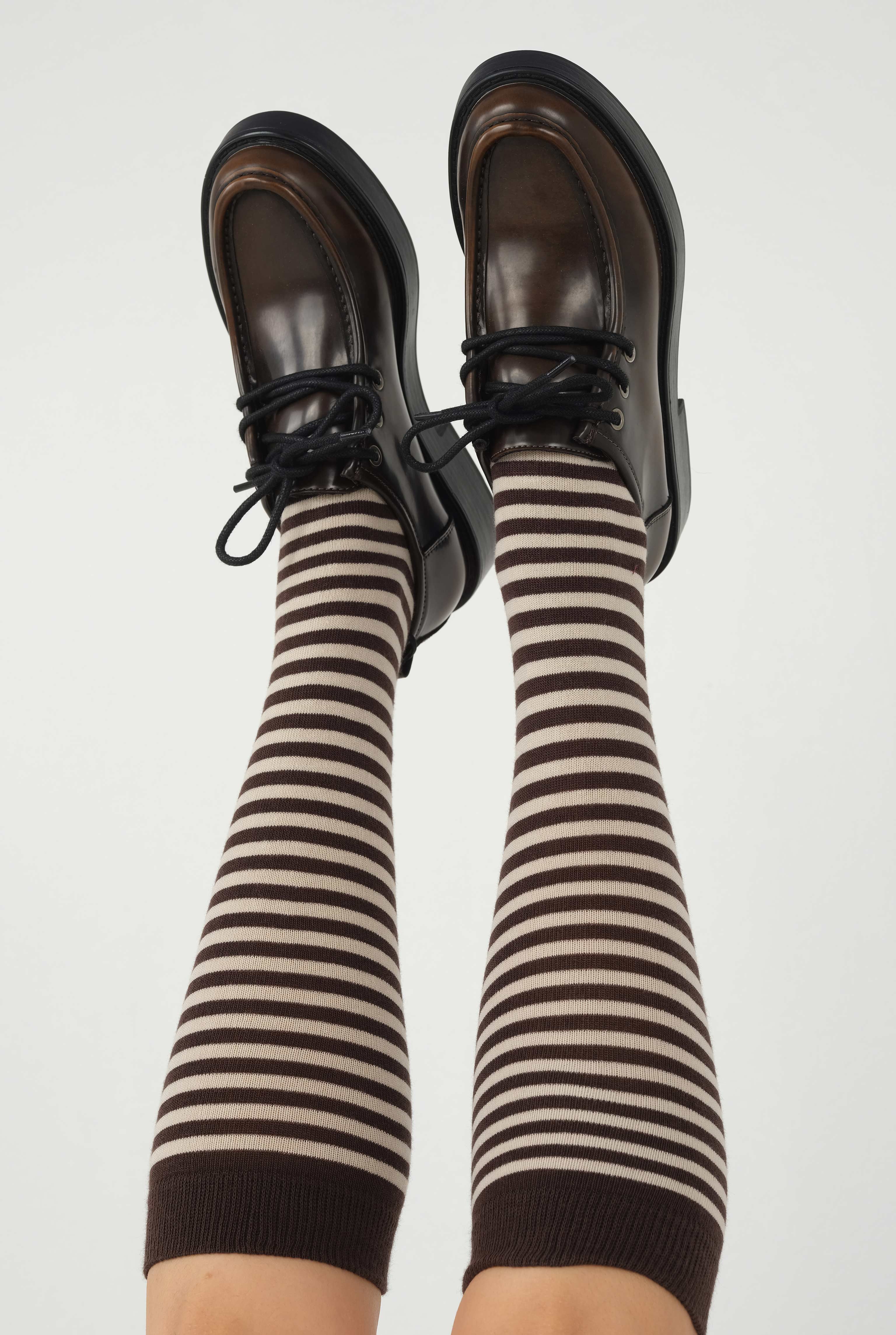 Striped Knee Sock Beige-Dark Brown - 1