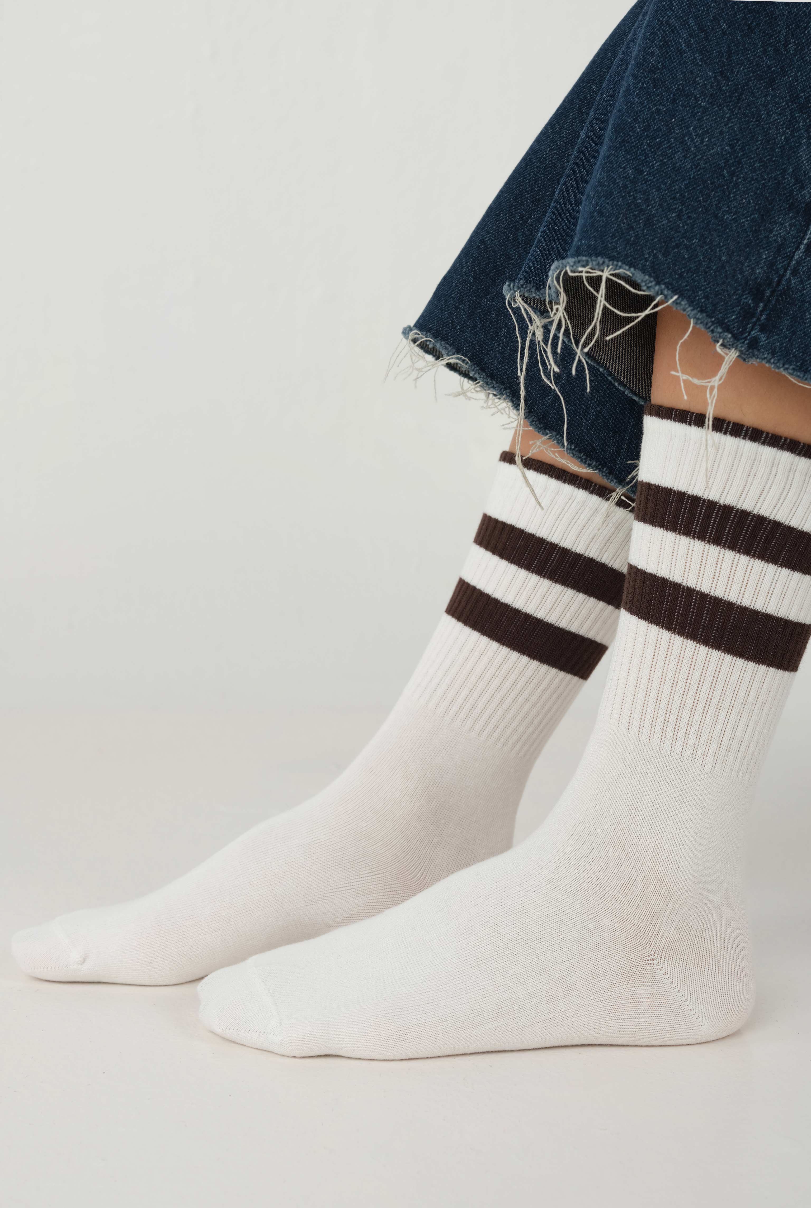 Elastic Brouded Ankle Sock White-Dark Brown - 1