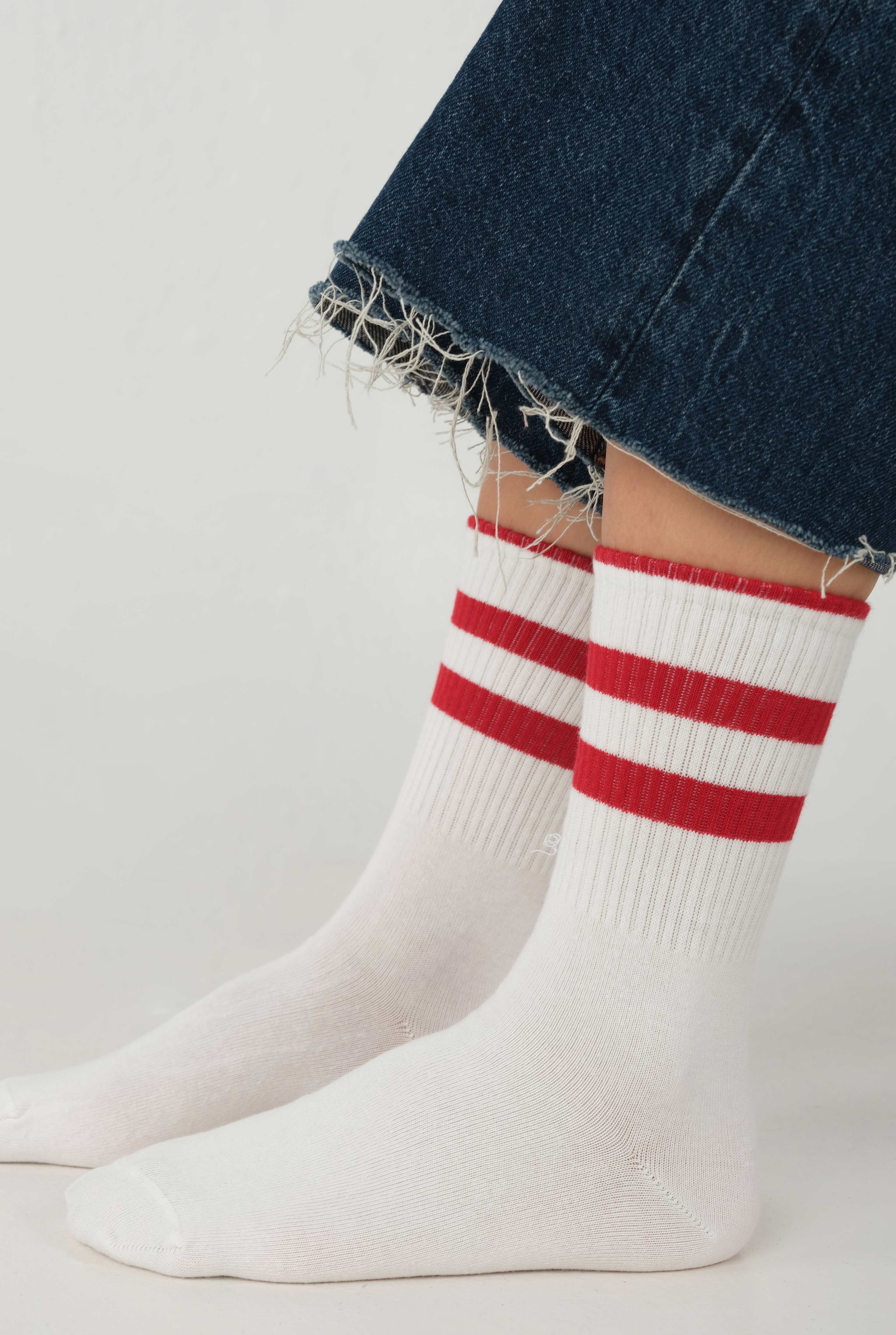 Elastic Brouded Ankle Sock White-Red - HE-QA