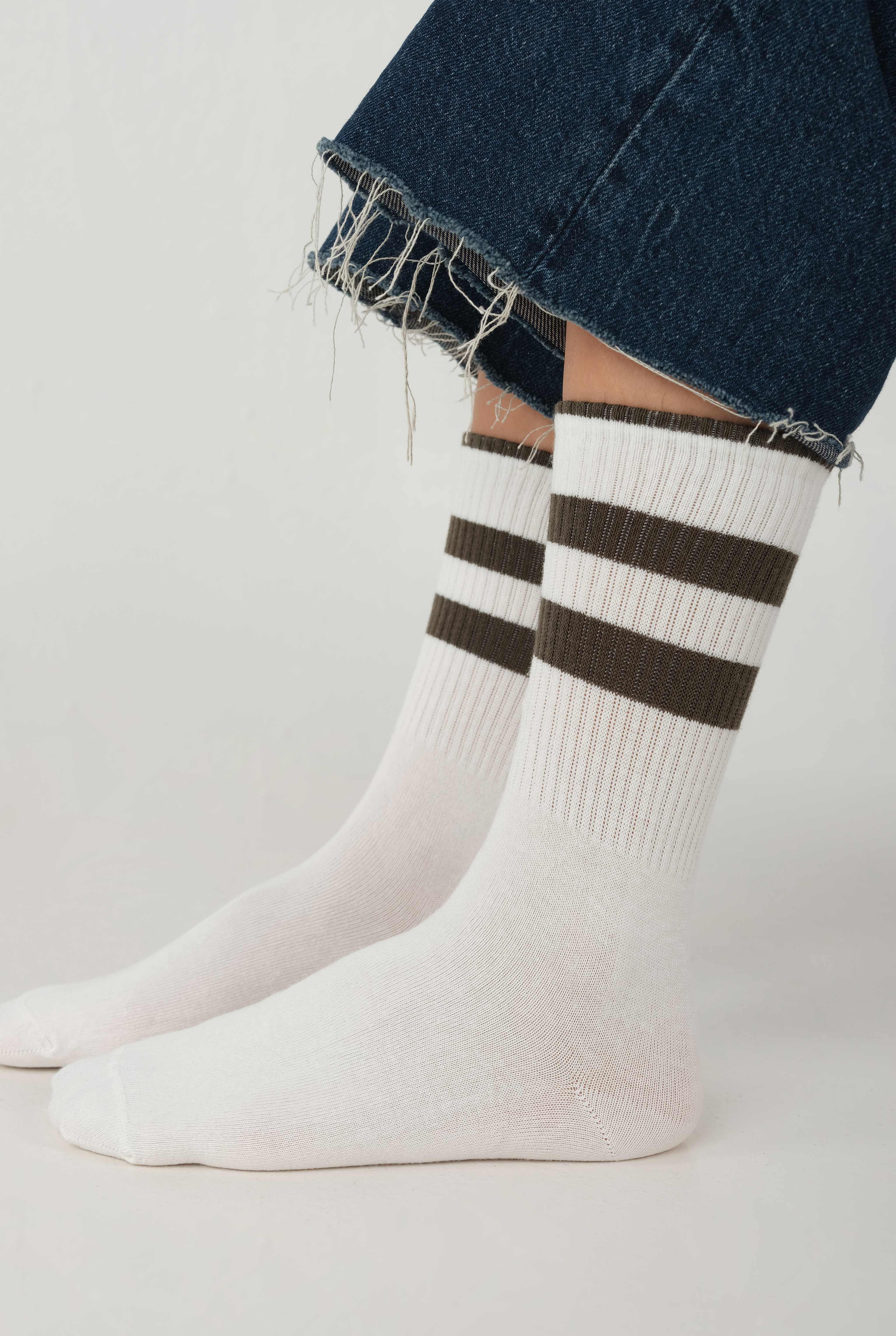 Elastic Brouded Ankle Sock White-Khaki - 1