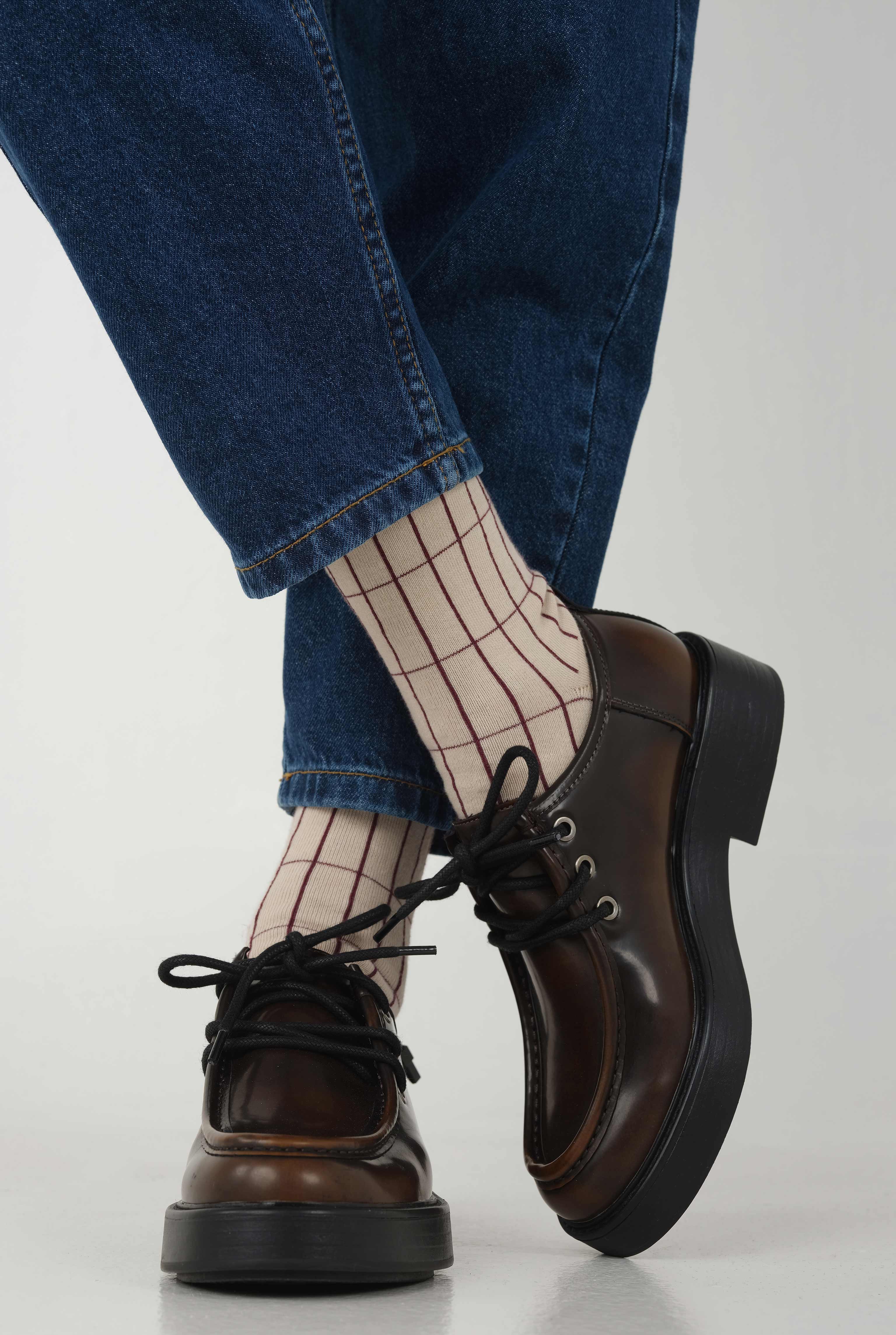 Grid Desen Soket Çorap Bej-Bordo - 4