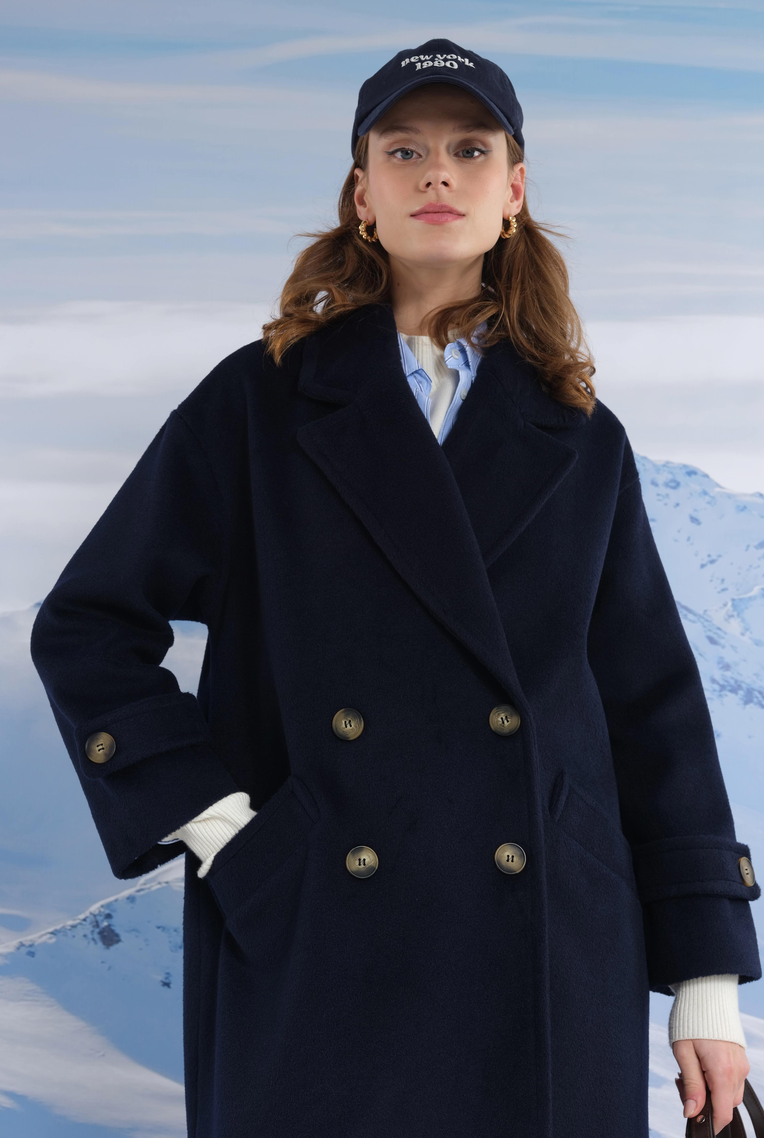 Epaulet Sleeved Coat Navy Blue - 13