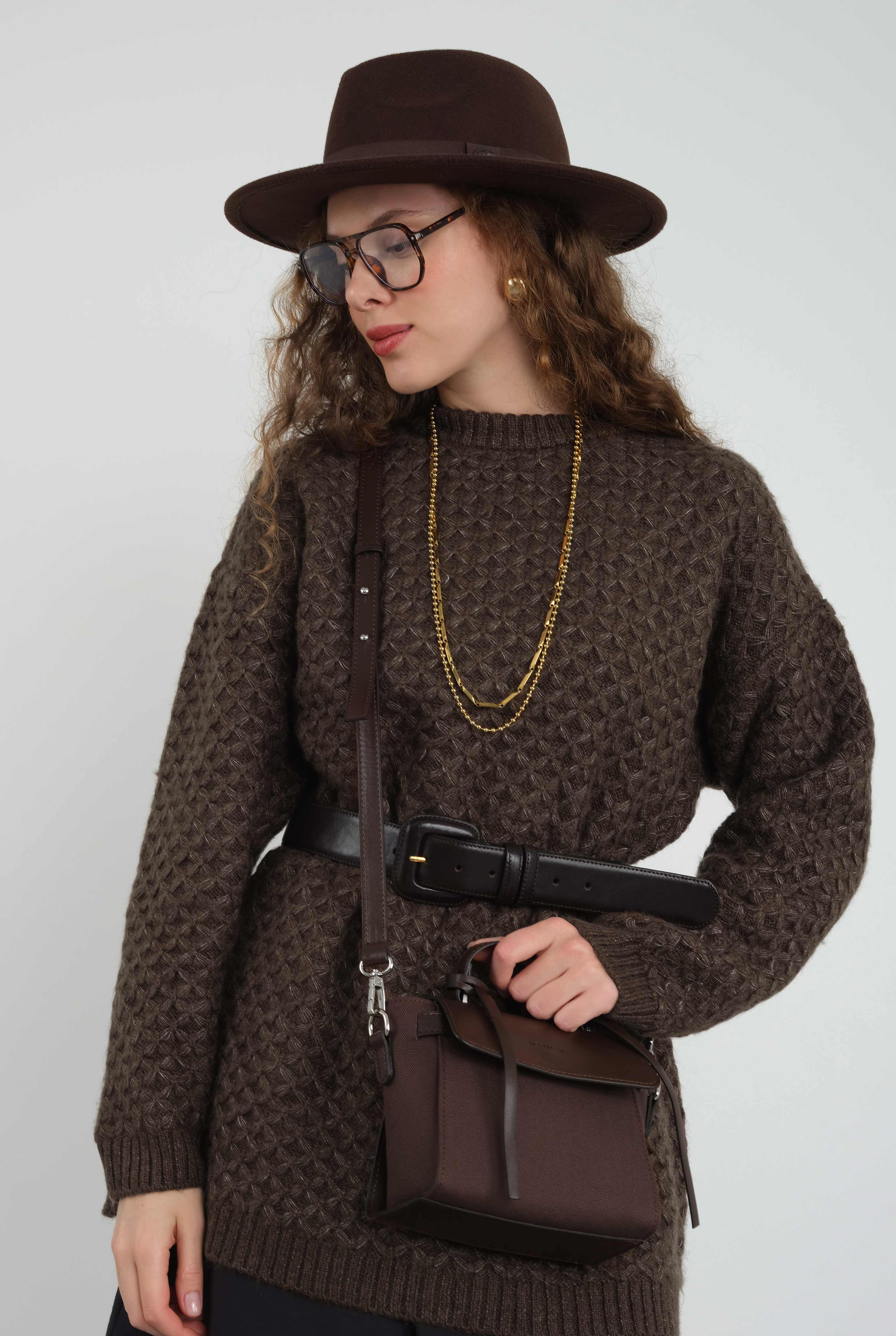 Leather Covered Canvas Bag Brown - HE-QA