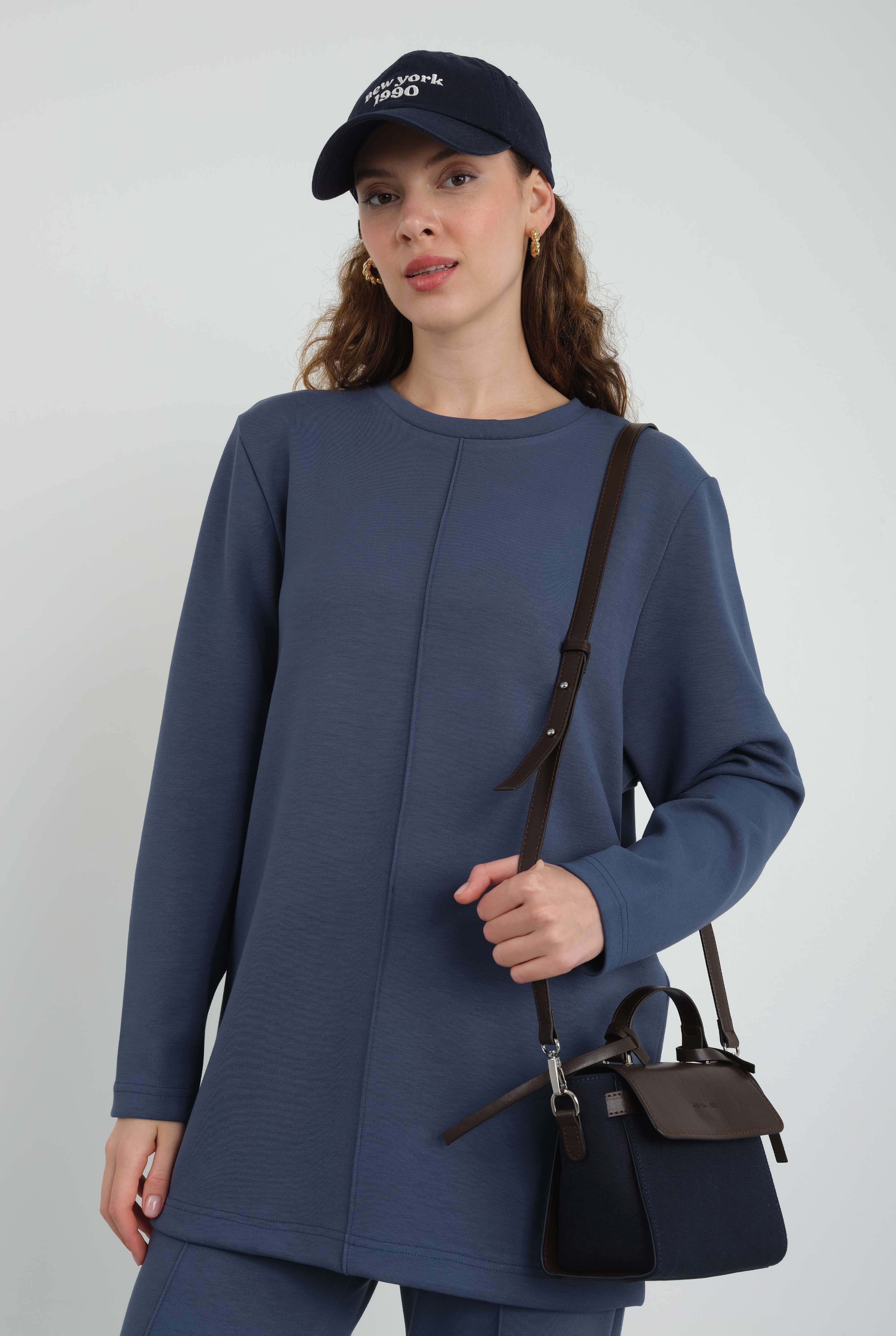 Leather Covered Canvas Bag Navy Blue - 5