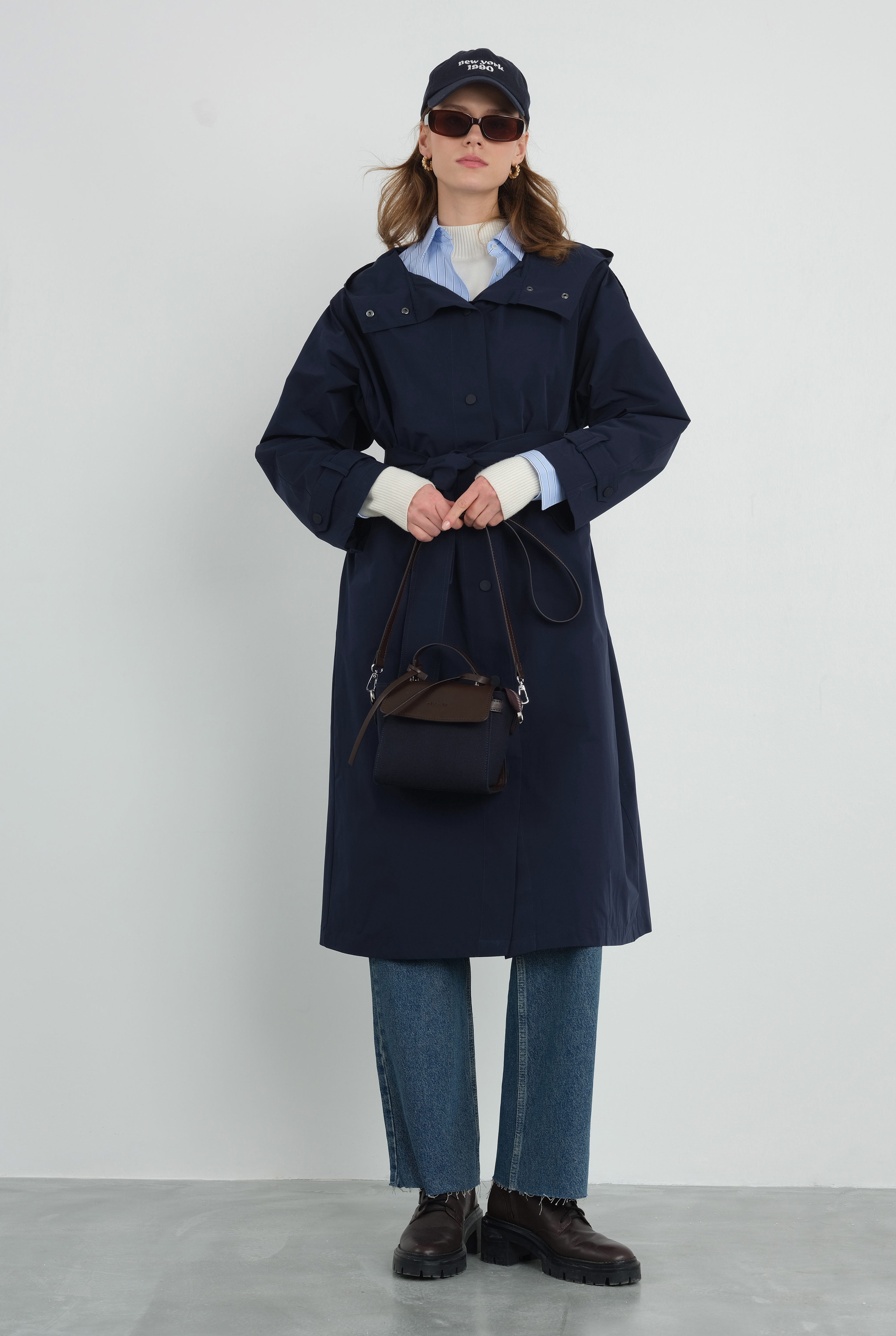 Leather Covered Canvas Bag Navy Blue - 7