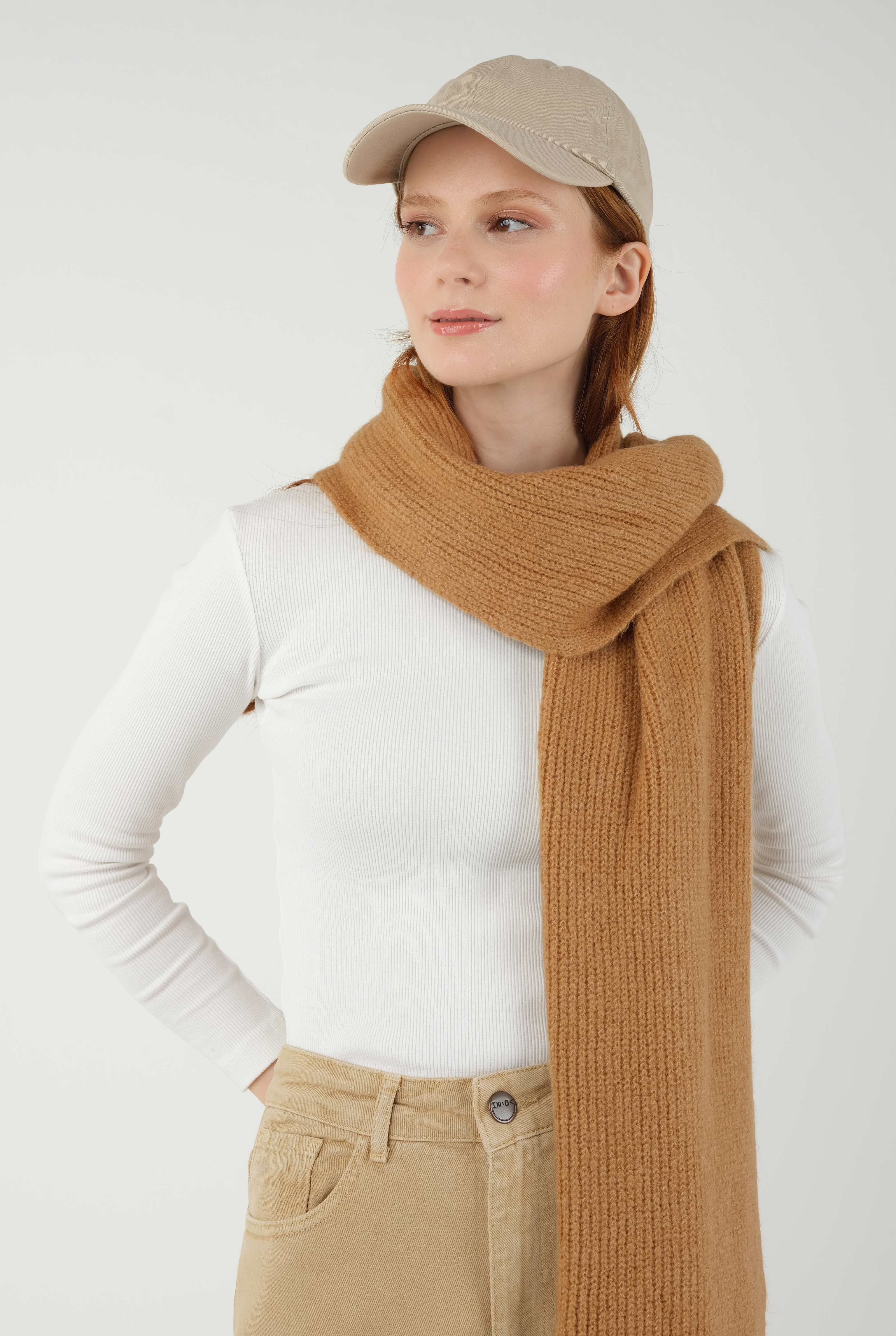 Düz Örgü Atkı Camel - 7