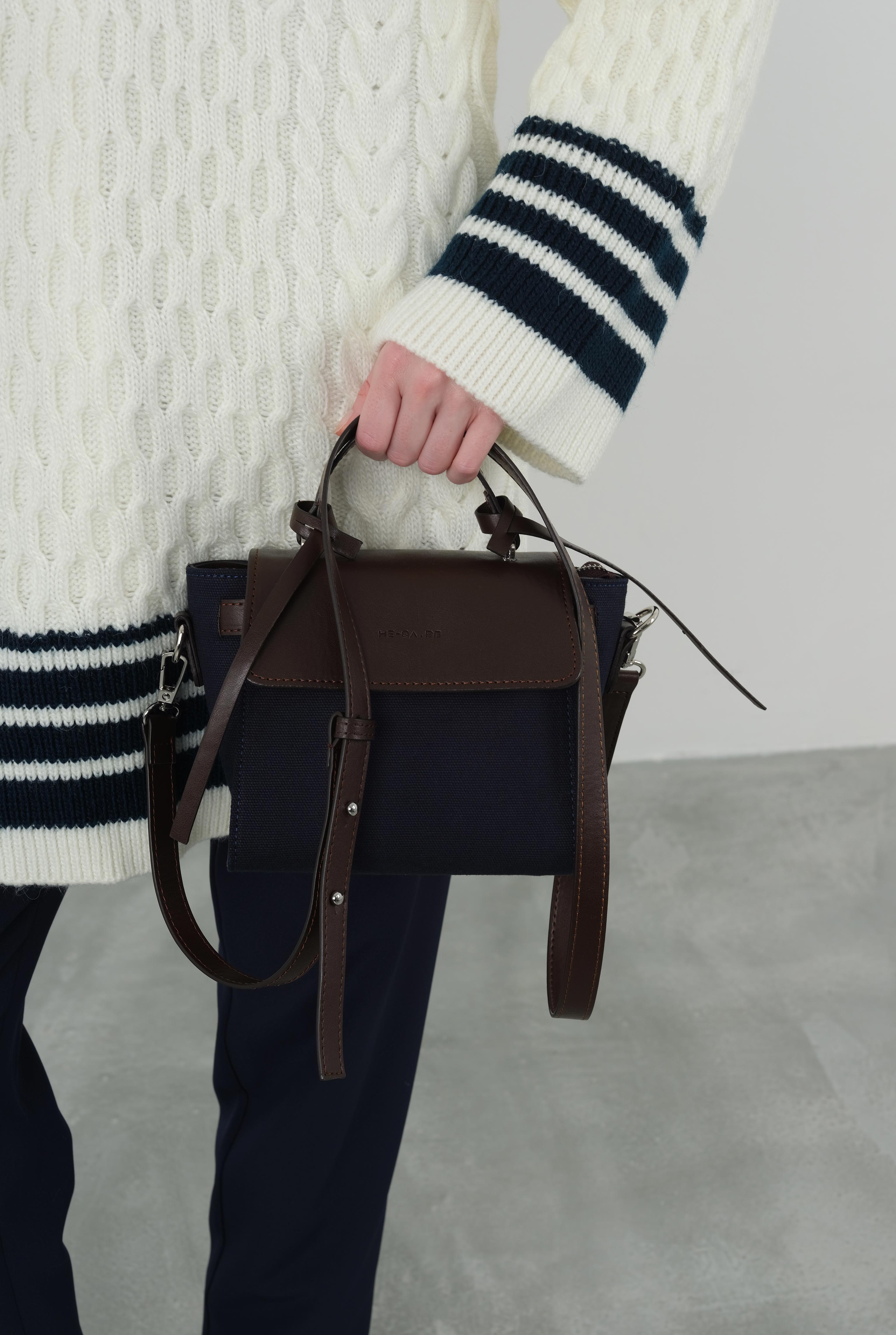 Leather Covered Canvas Bag Navy Blue - 1