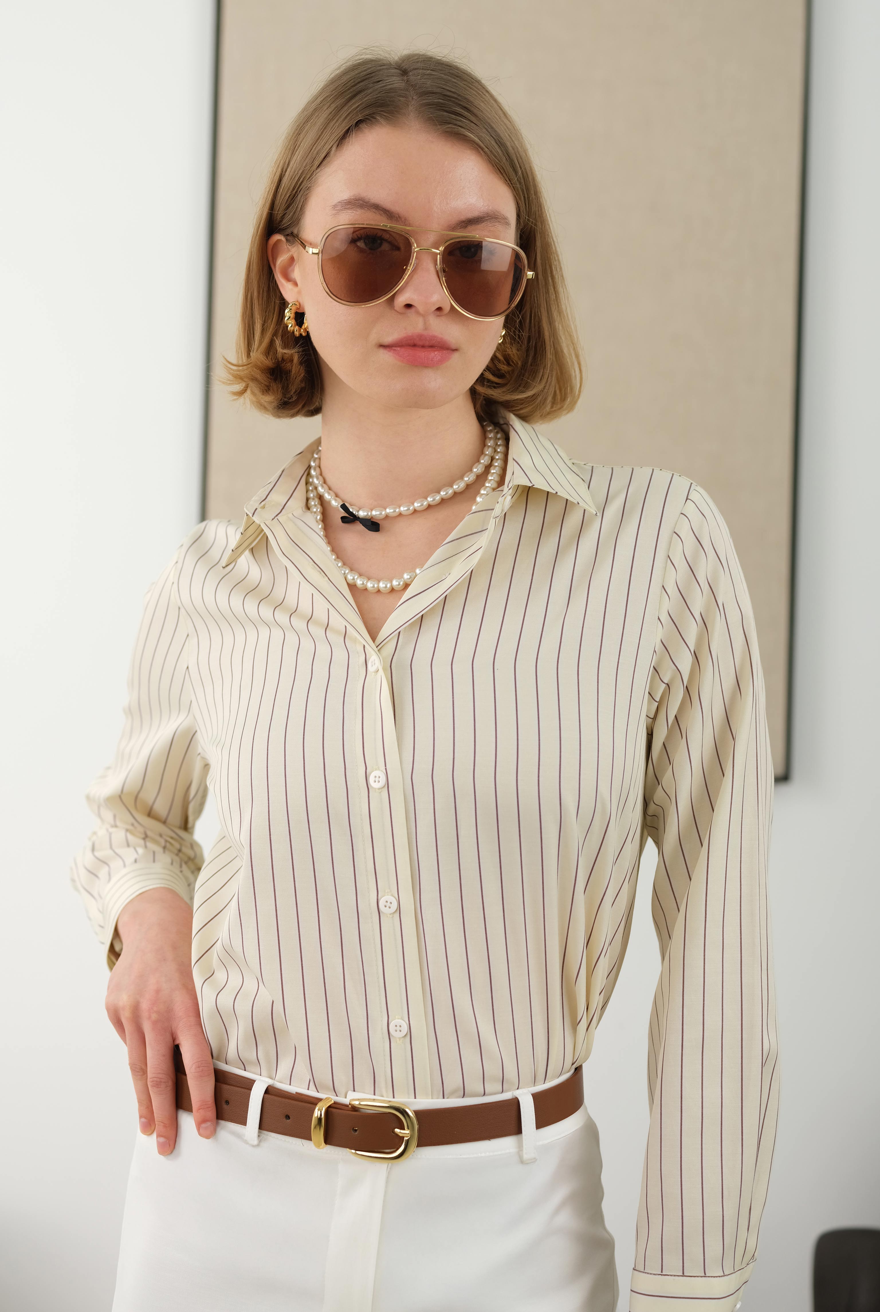 HE-QA - Çizgili Fit Gömlek Soft Sarı