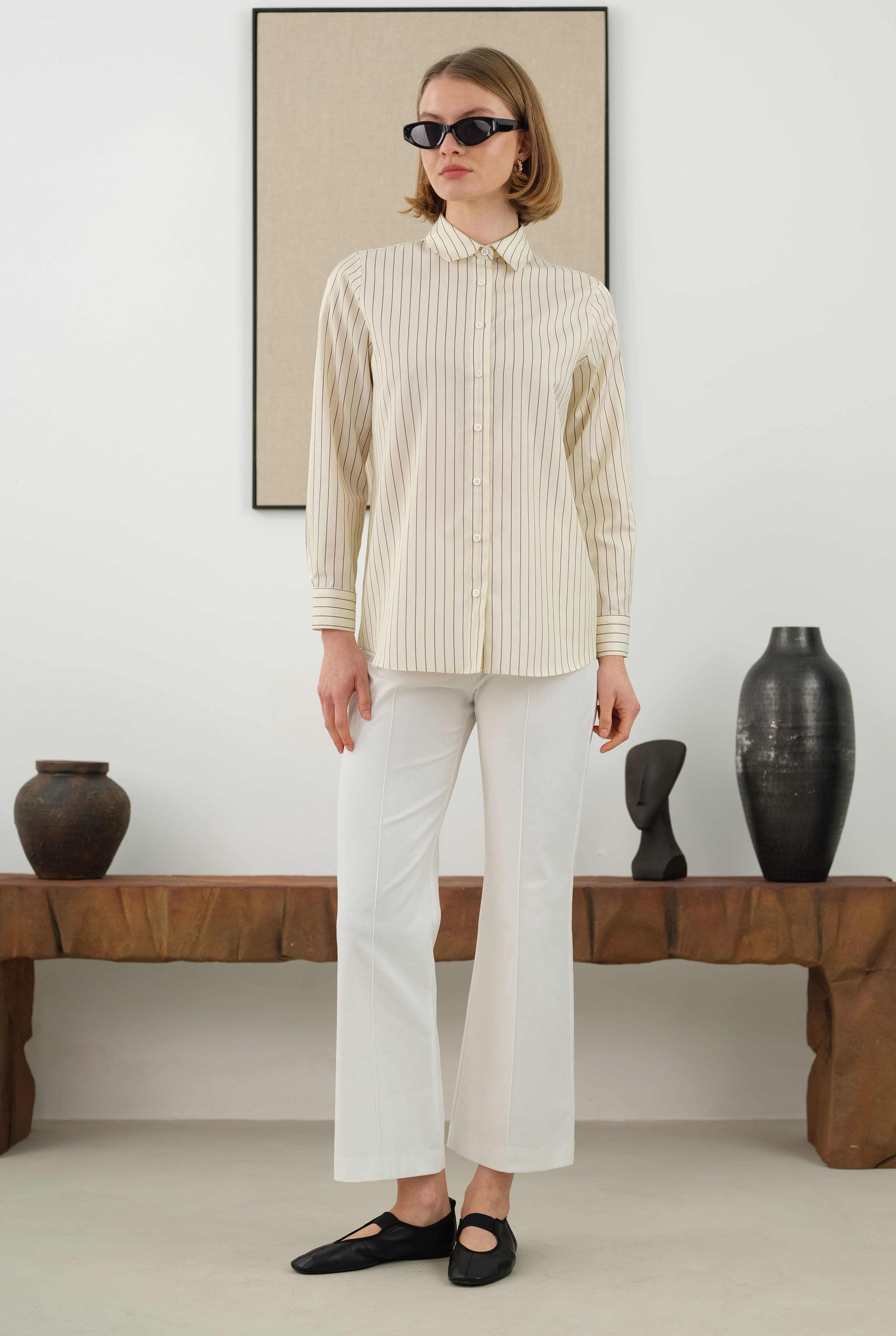 HE-QA - Çizgili Fit Gömlek Soft Sarı (1)