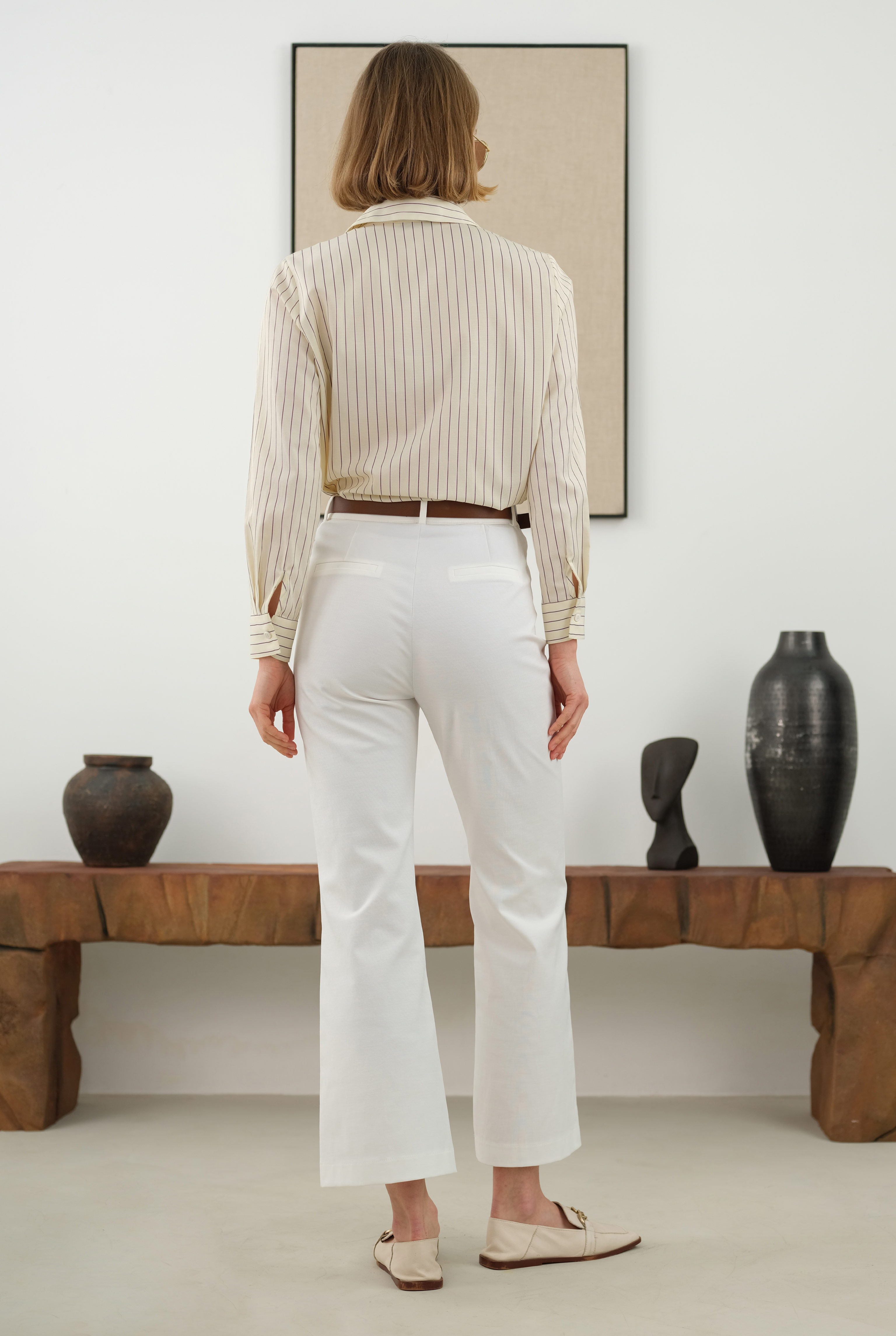 Half Pintuck Detailed Trousers Ecru - 3