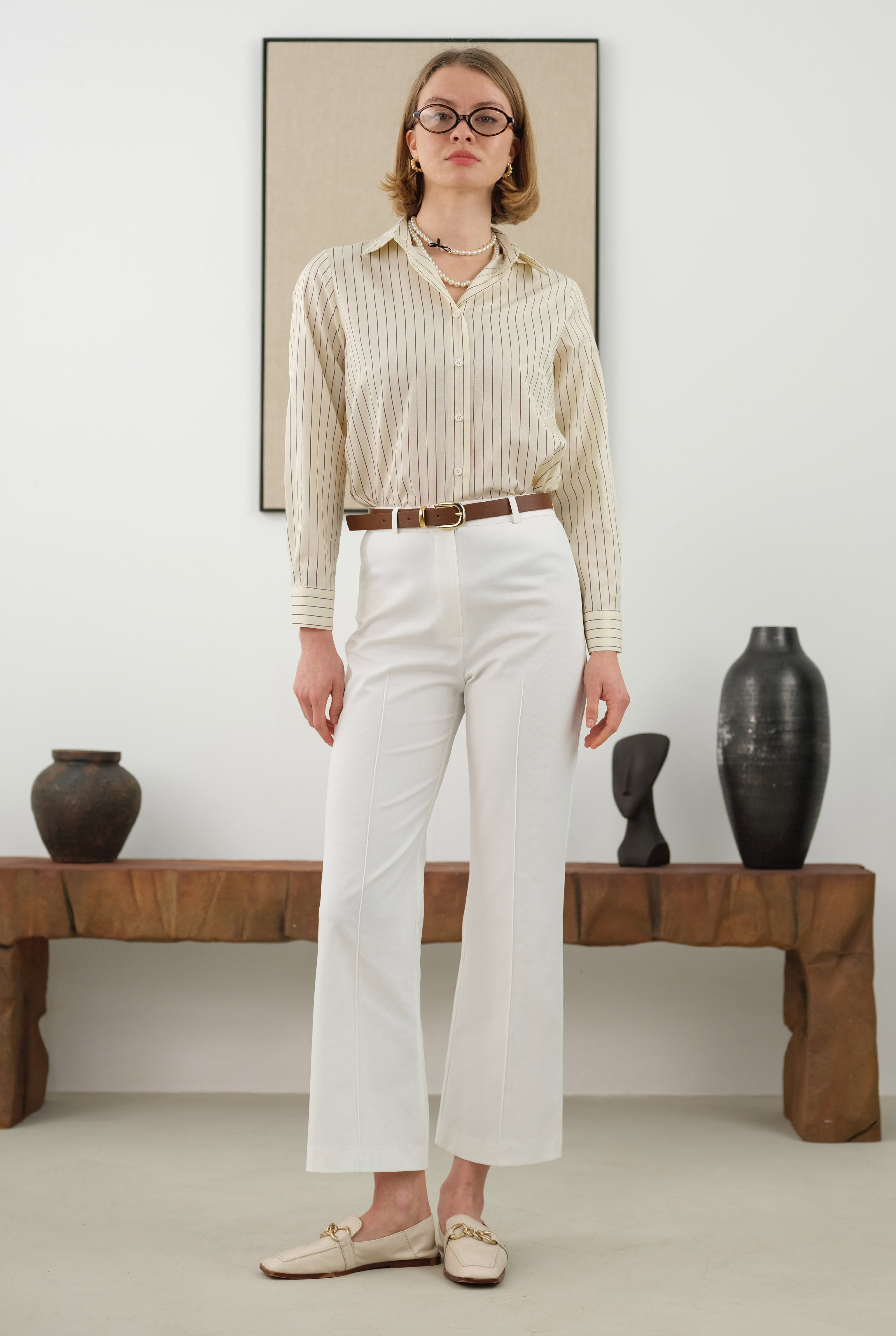 Half Pintuck Detailed Trousers Ecru - HE-QA