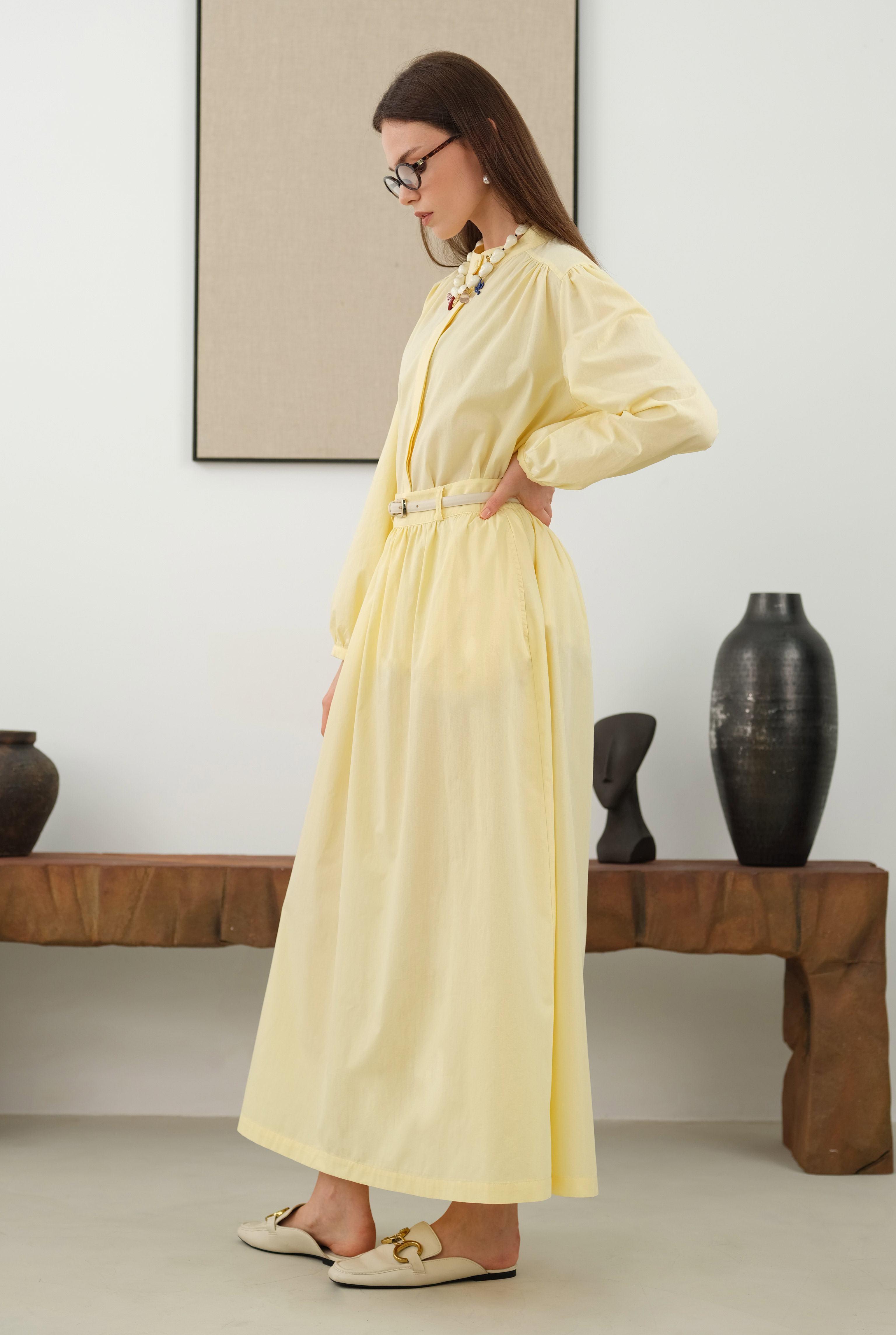Gathered Cotton Skirt Soft Yellow - 4