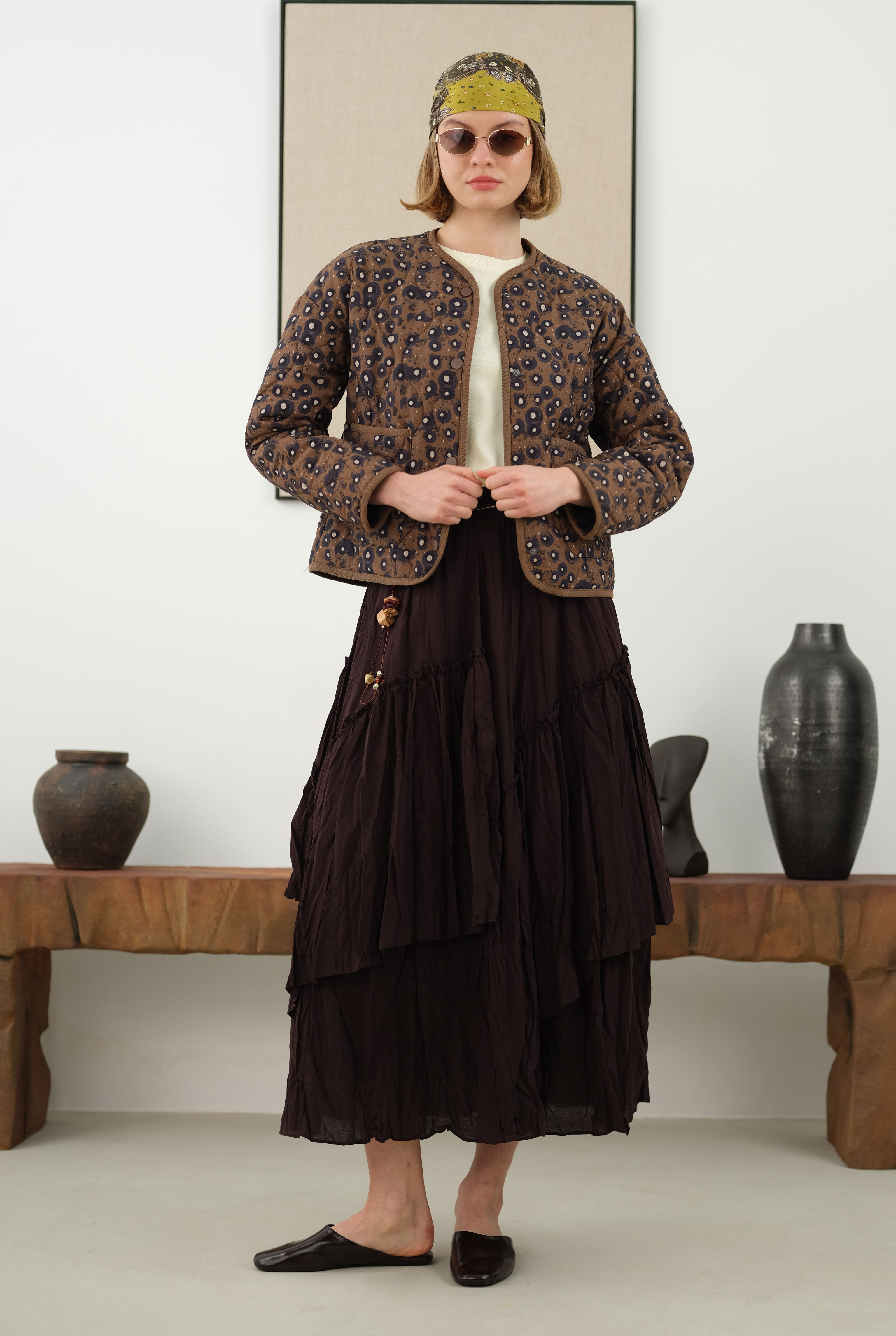 Quilted Short Jacket Geometric Patterned - 3