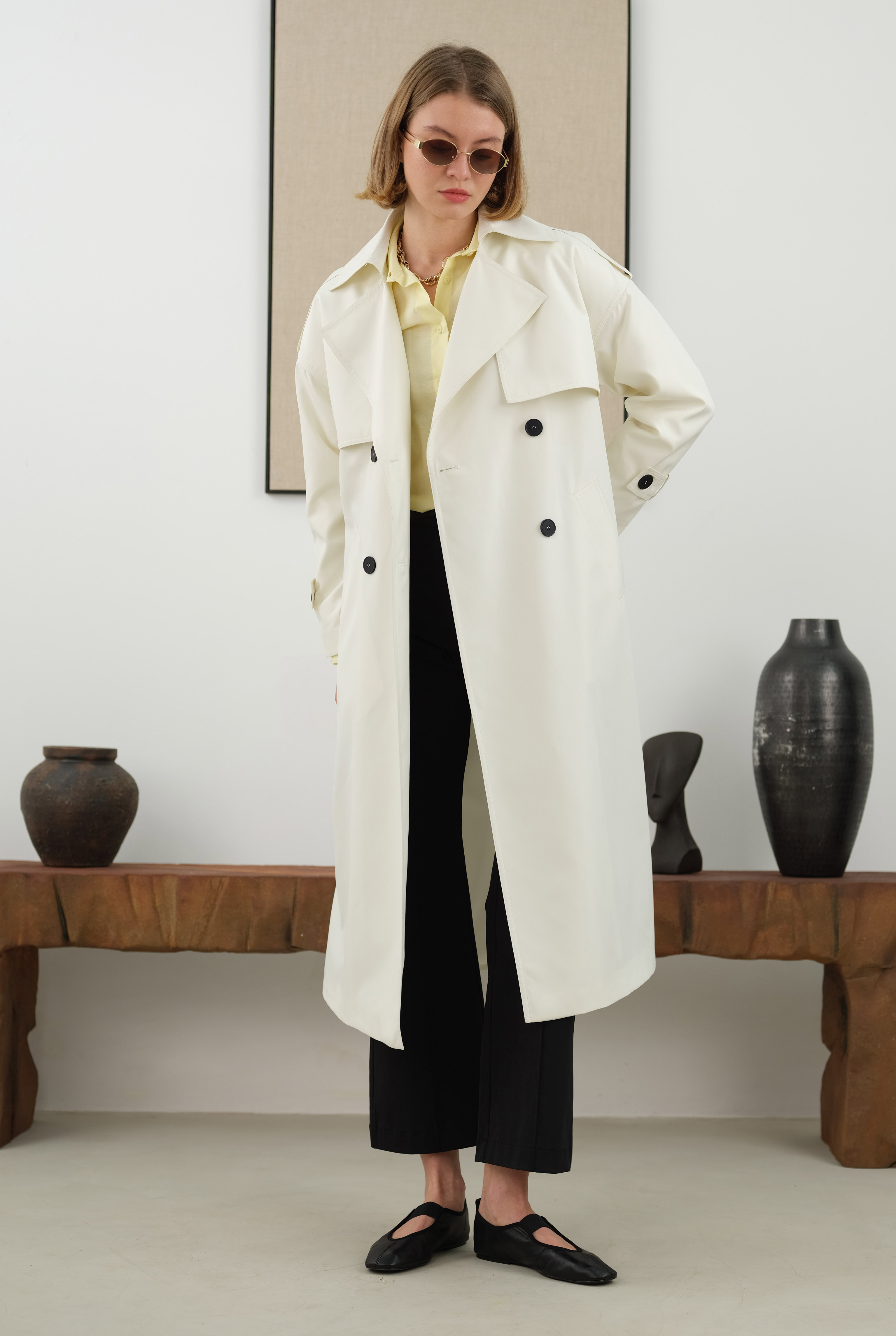 Long Classic Trenchcoat Ecru - 2