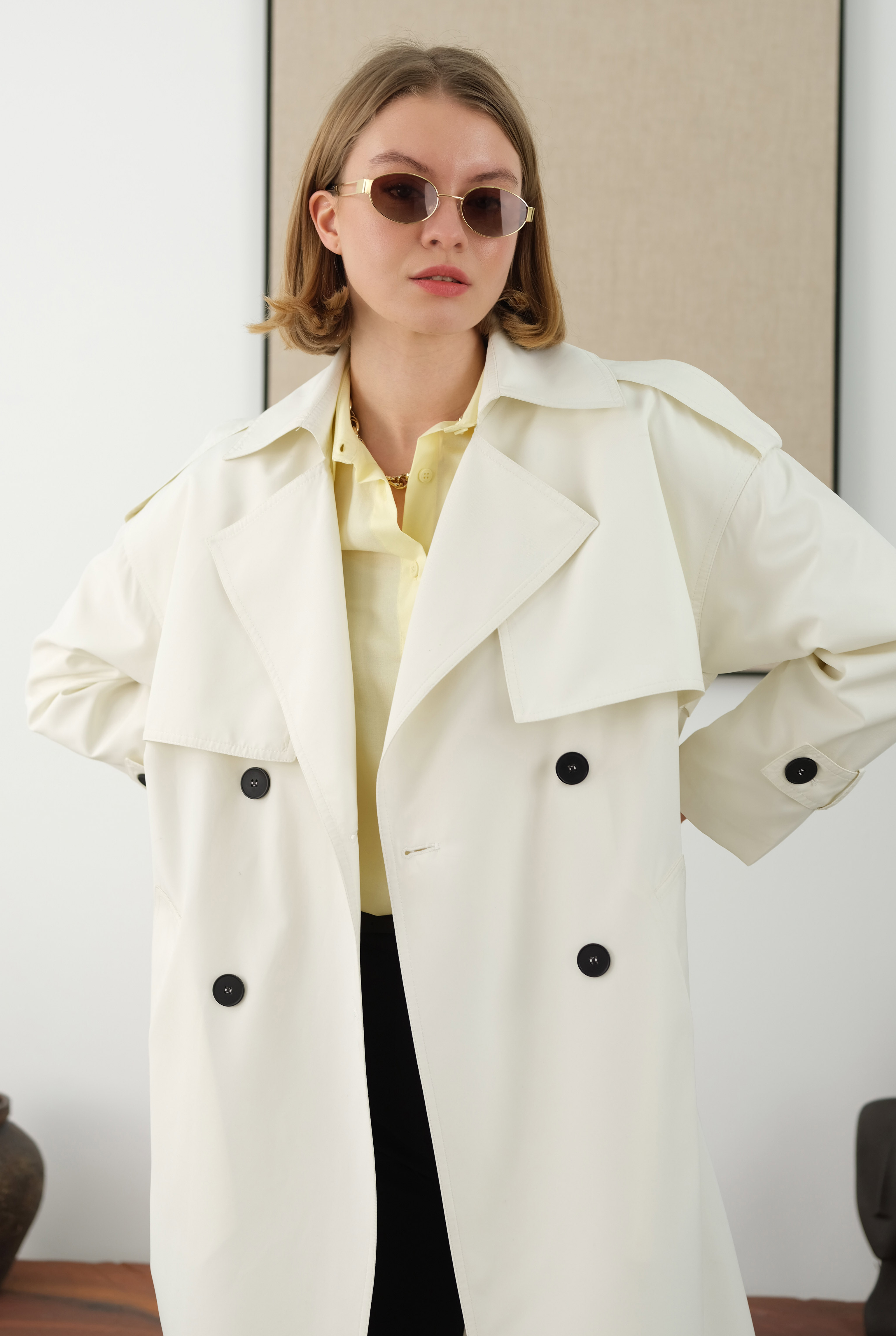 Long Classic Trenchcoat Ecru - 4