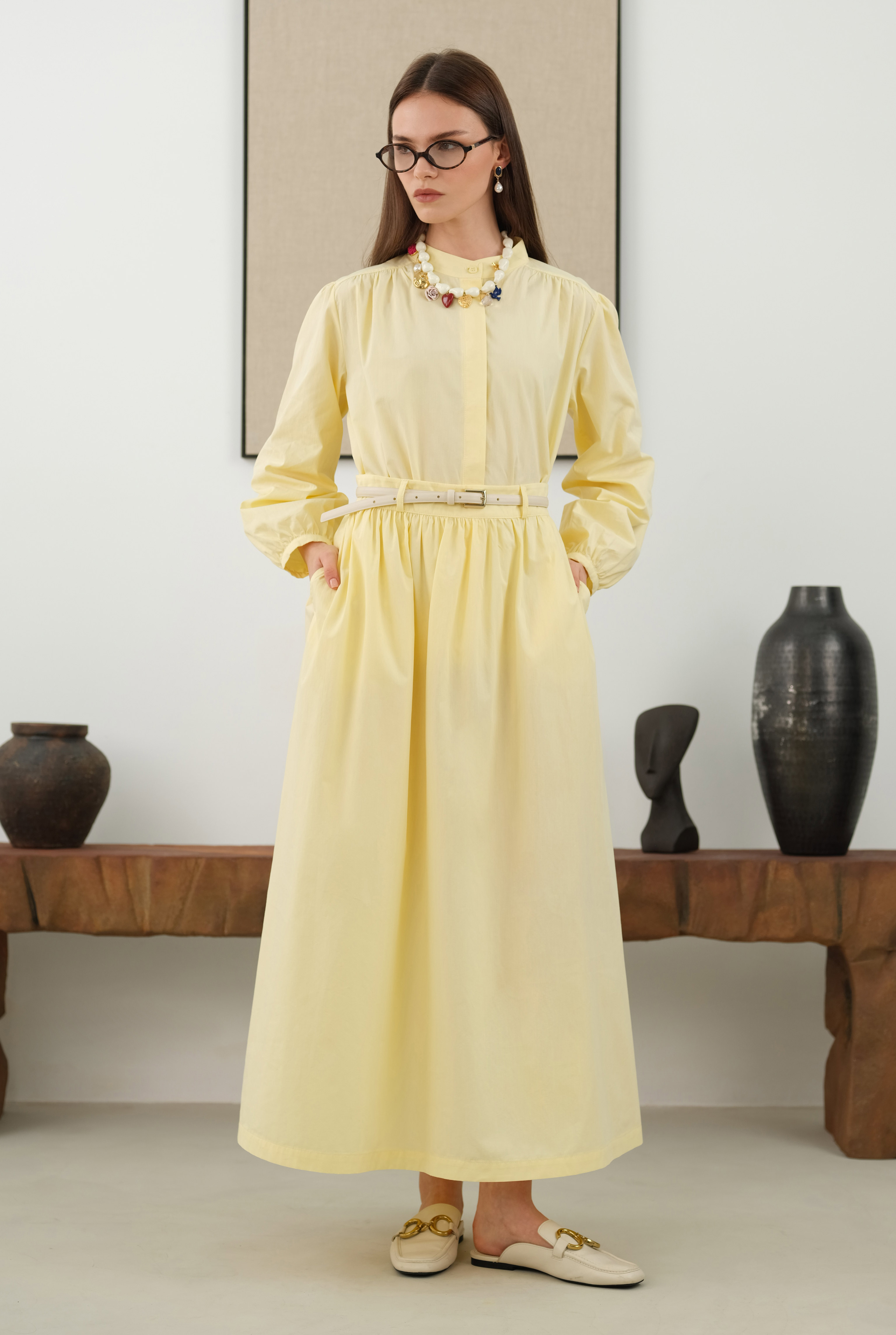 Ruched Shoulder Poplin Shirt Soft Yellow - 2