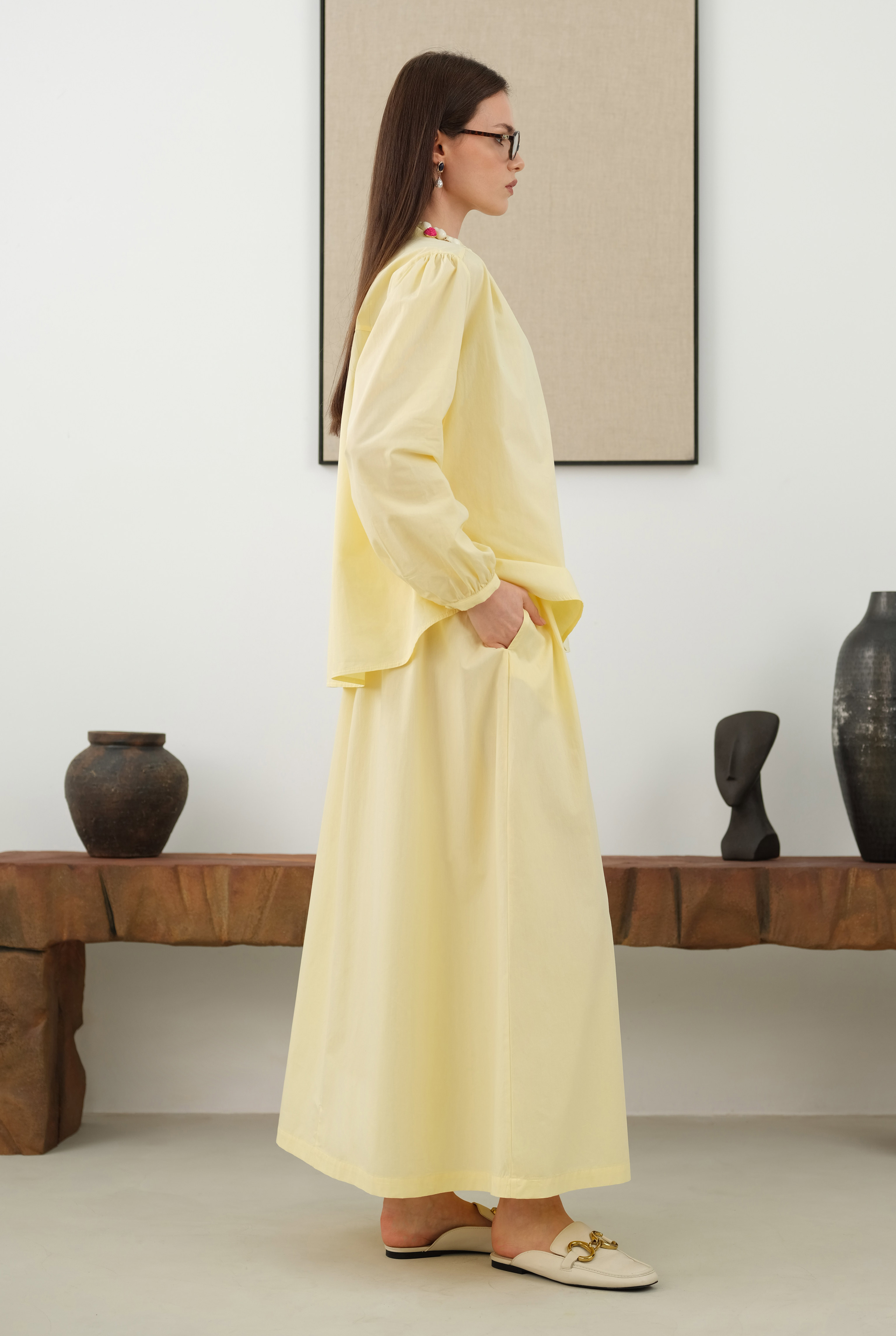 Ruched Shoulder Poplin Shirt Soft Yellow - 3