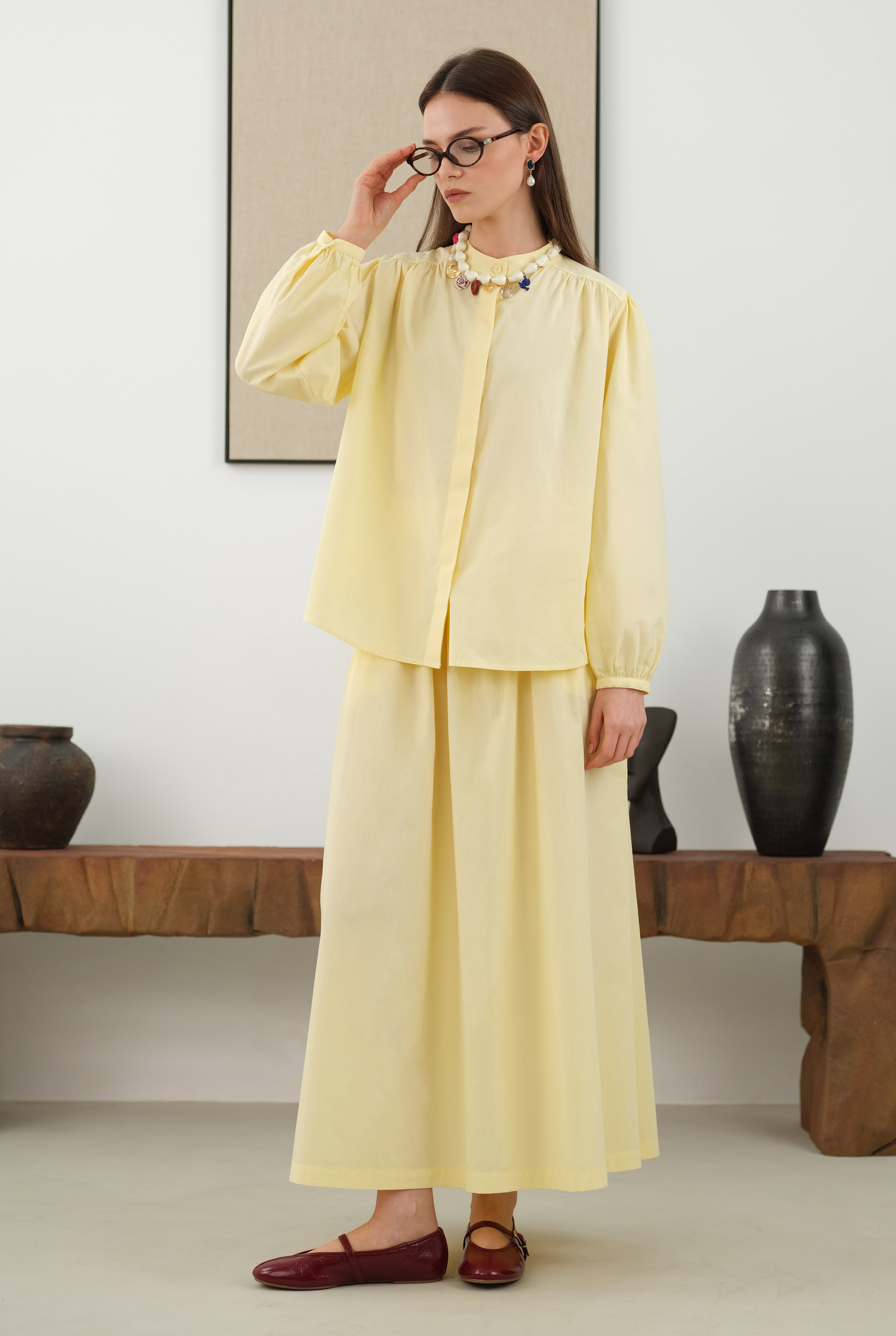 Ruched Shoulder Poplin Shirt Soft Yellow - 4