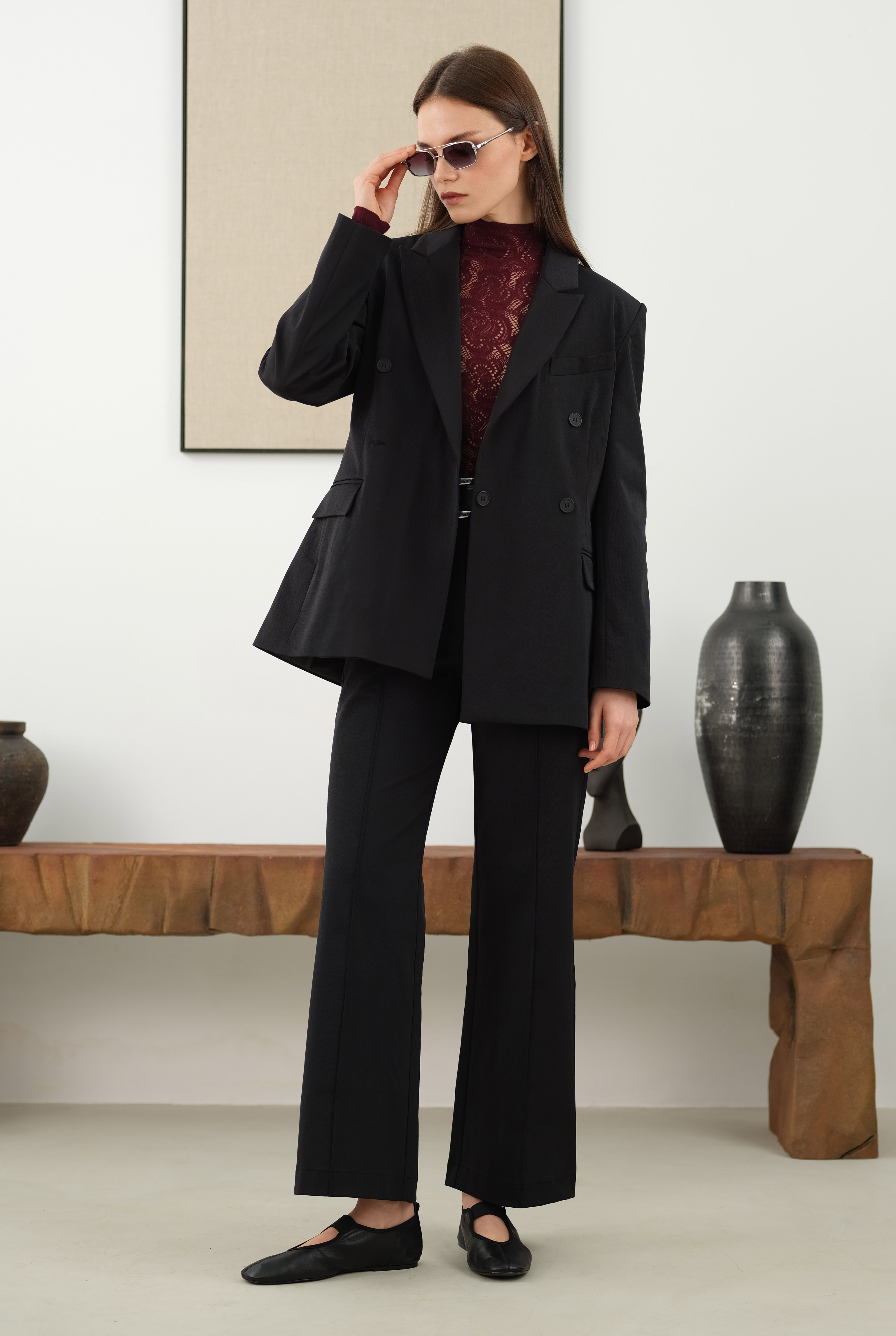 Half Pintuck Detailed Trousers Black - 7