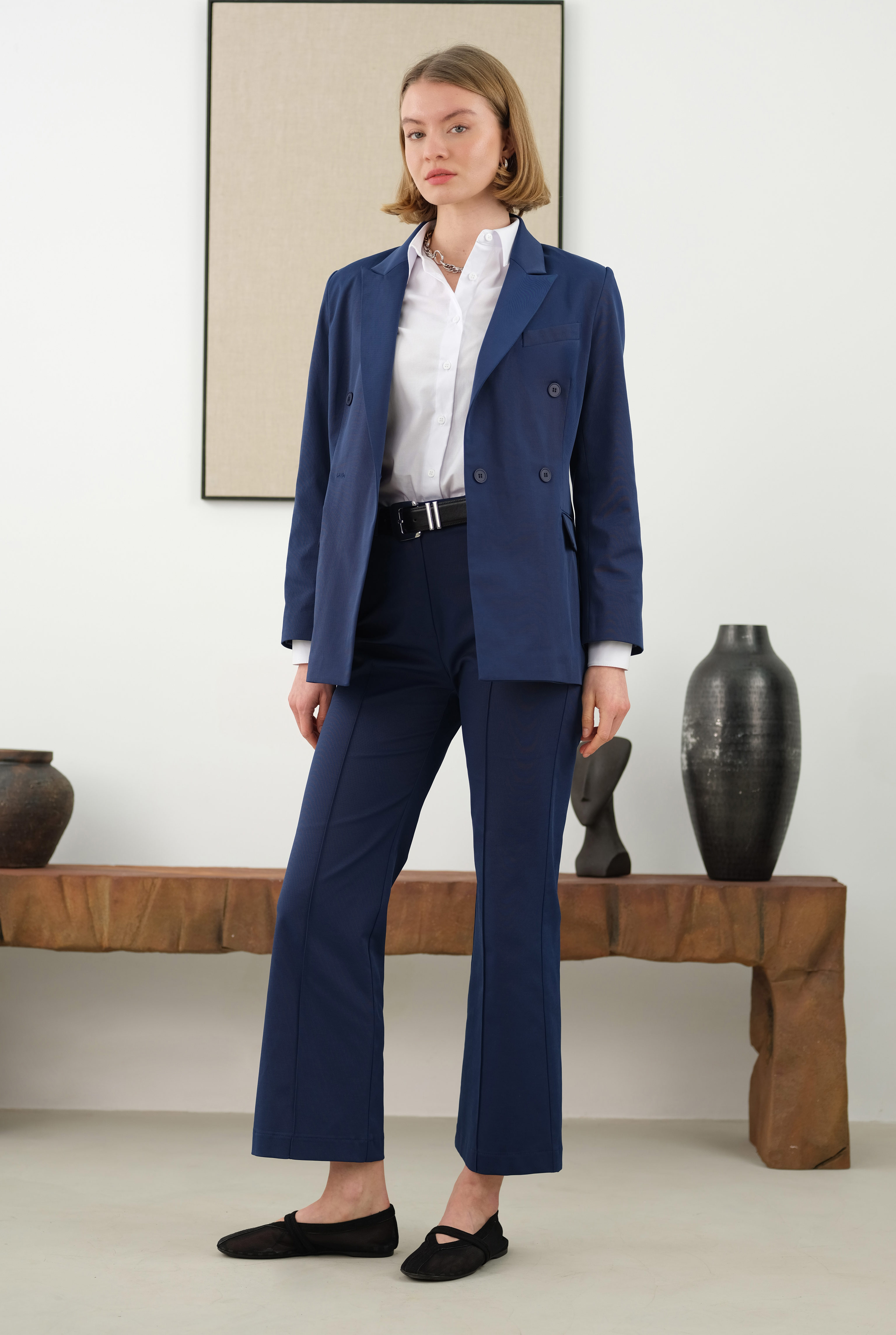 Half Pintuck Detailed Trousers Midnight Blue - 2