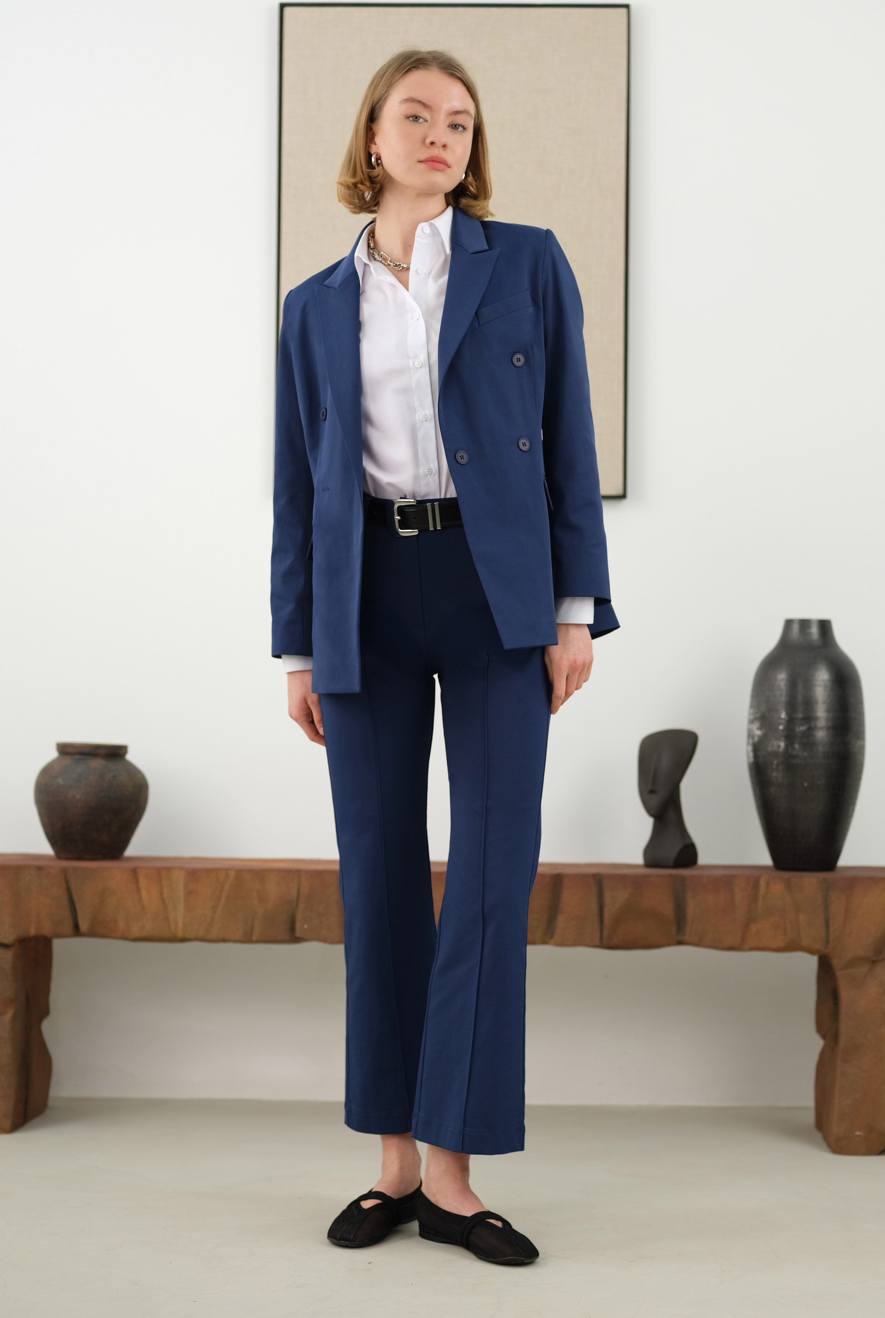 Half Pintuck Detailed Trousers Midnight Blue - 3