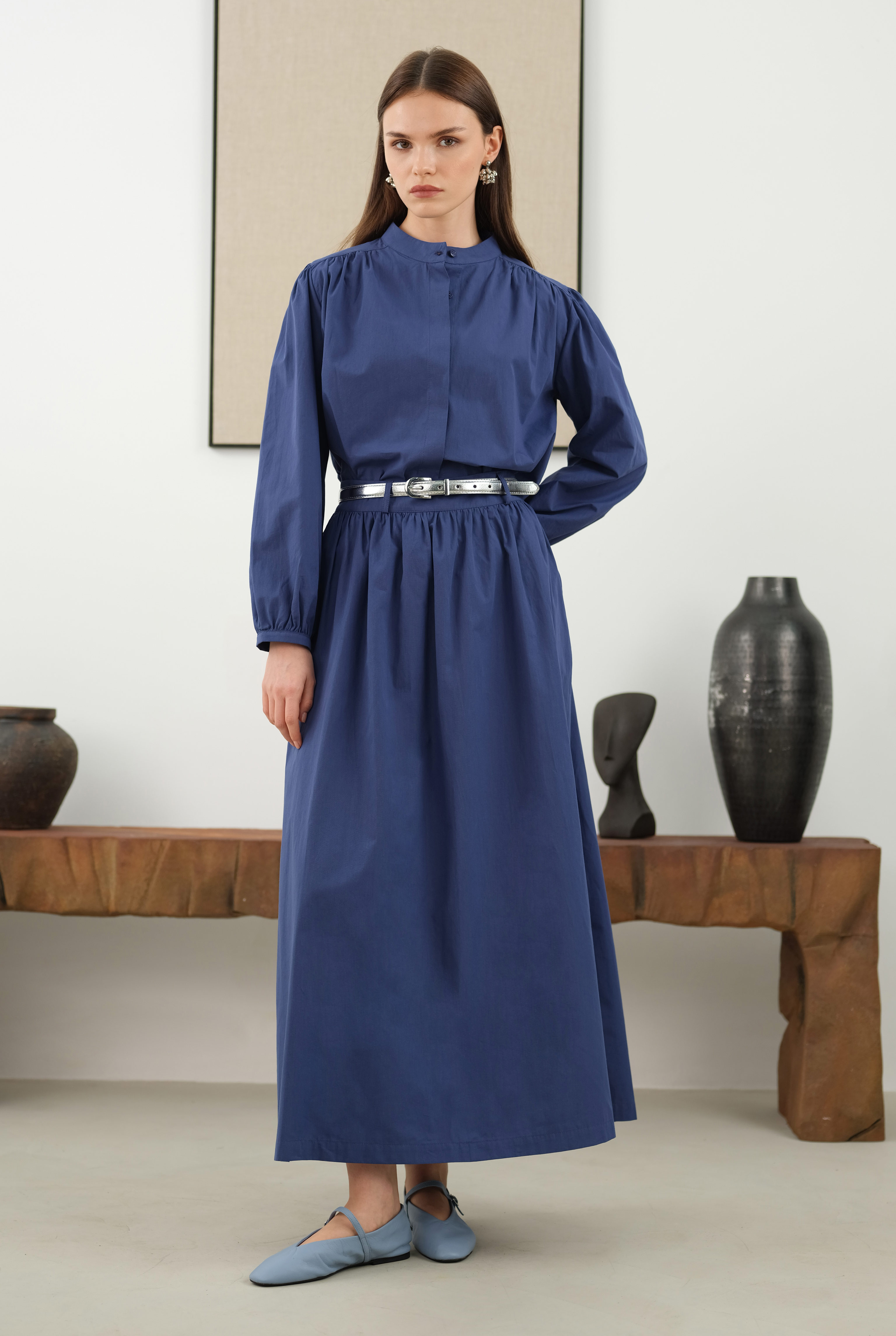 Ruched Shoulder Poplin Shirt Dark Royal Blue - 2