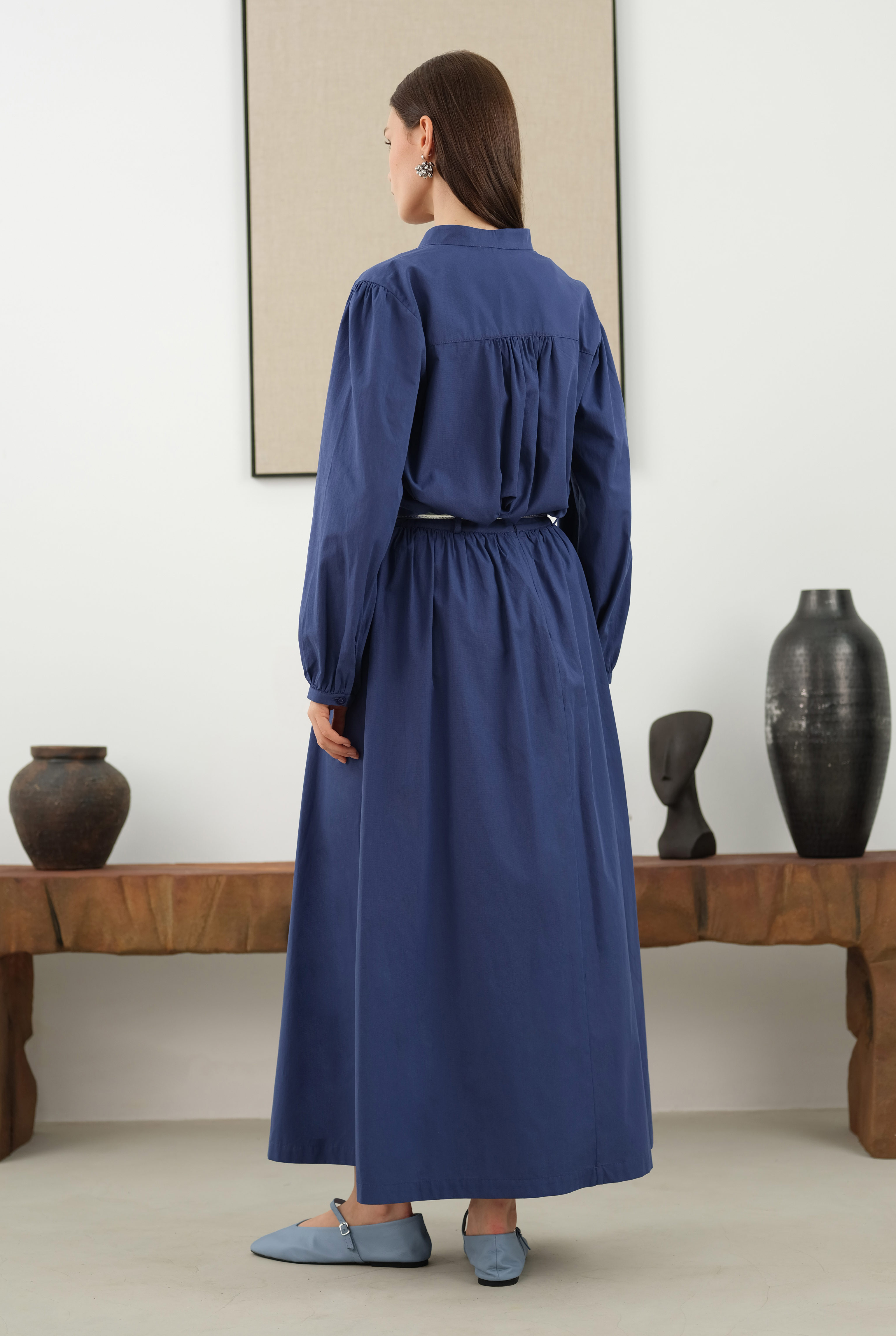 Ruched Shoulder Poplin Shirt Dark Royal Blue - 3