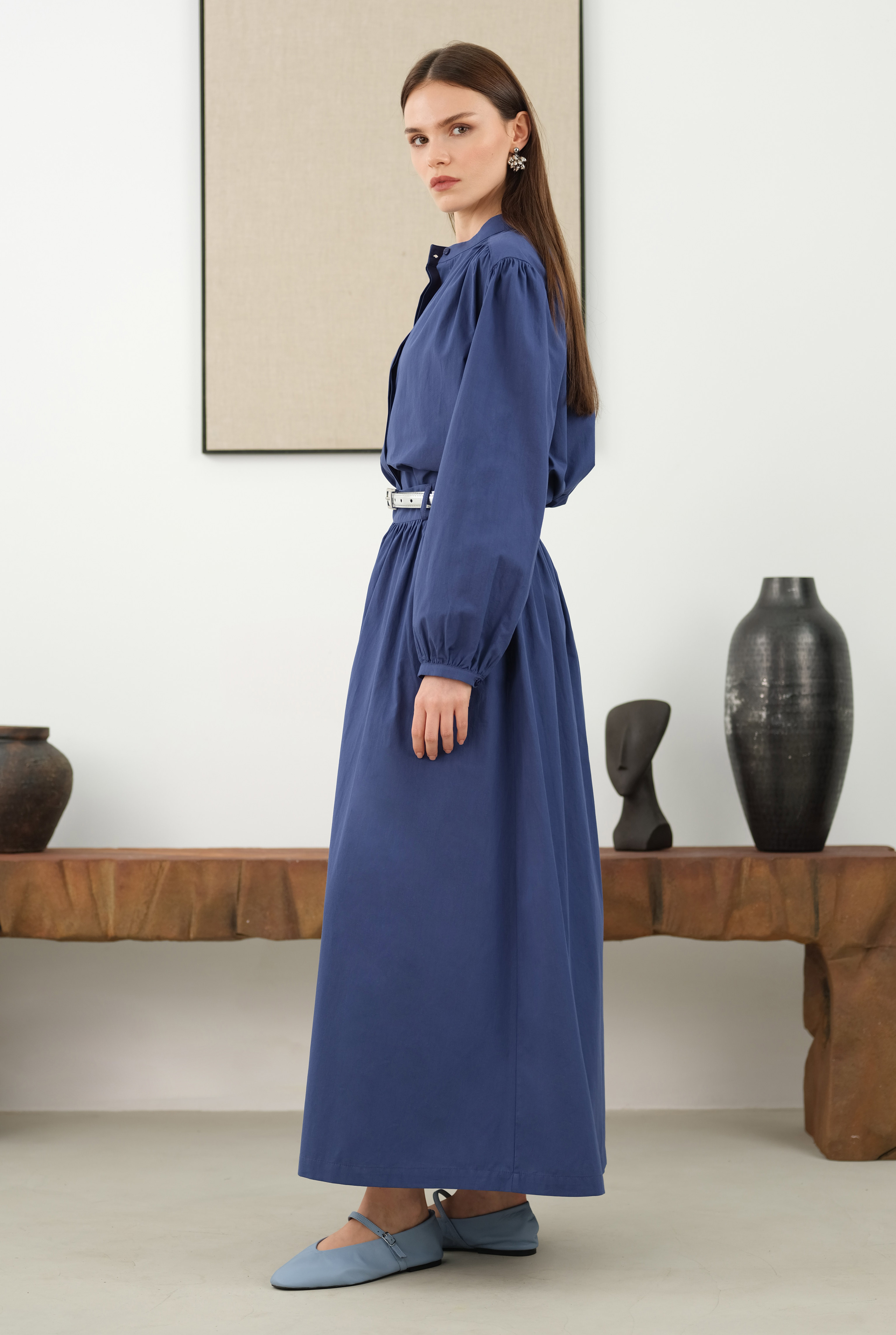 Ruched Shoulder Poplin Shirt Dark Royal Blue - 4