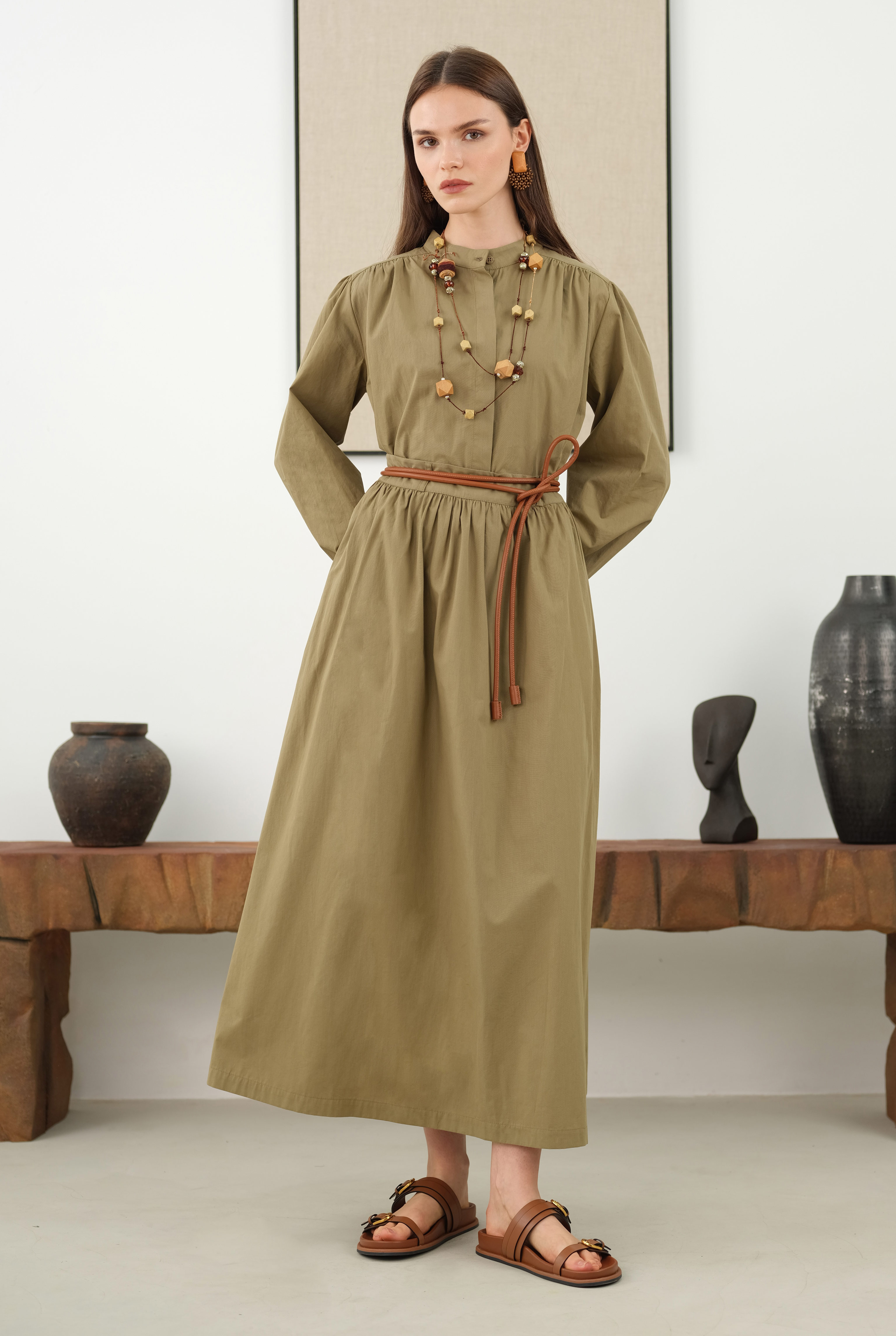 Ruched Shoulder Poplin Shirt Light Clay - 3