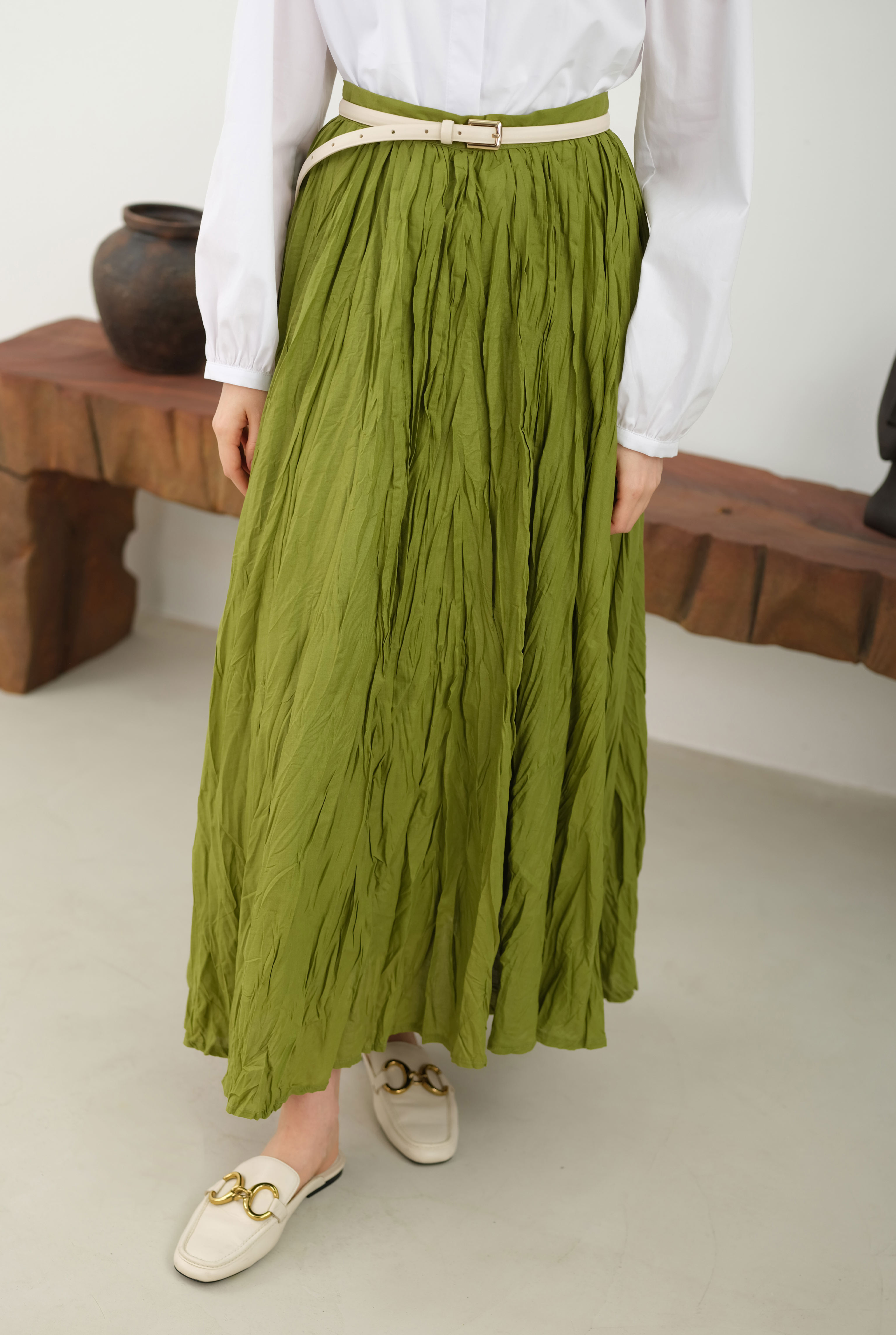 Wrinkled Voile Skirt Moss Green - 2