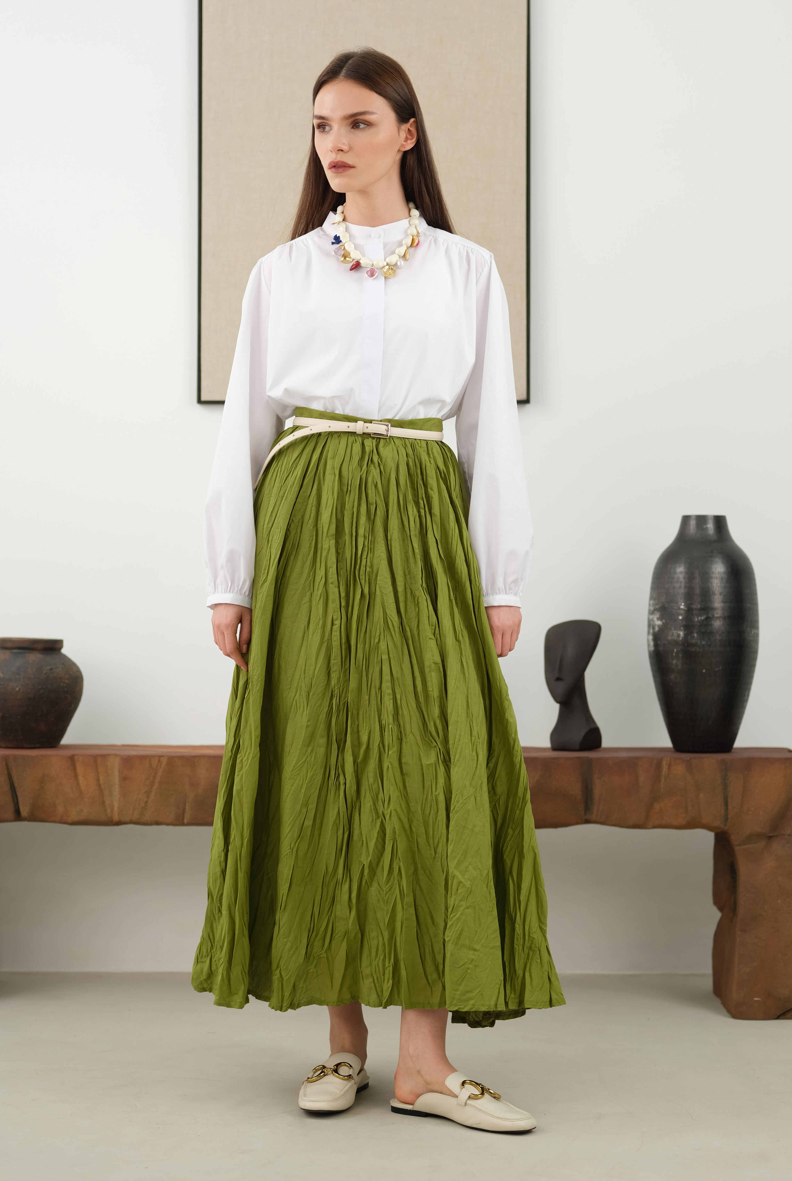 Wrinkled Voile Skirt Moss Green - 3