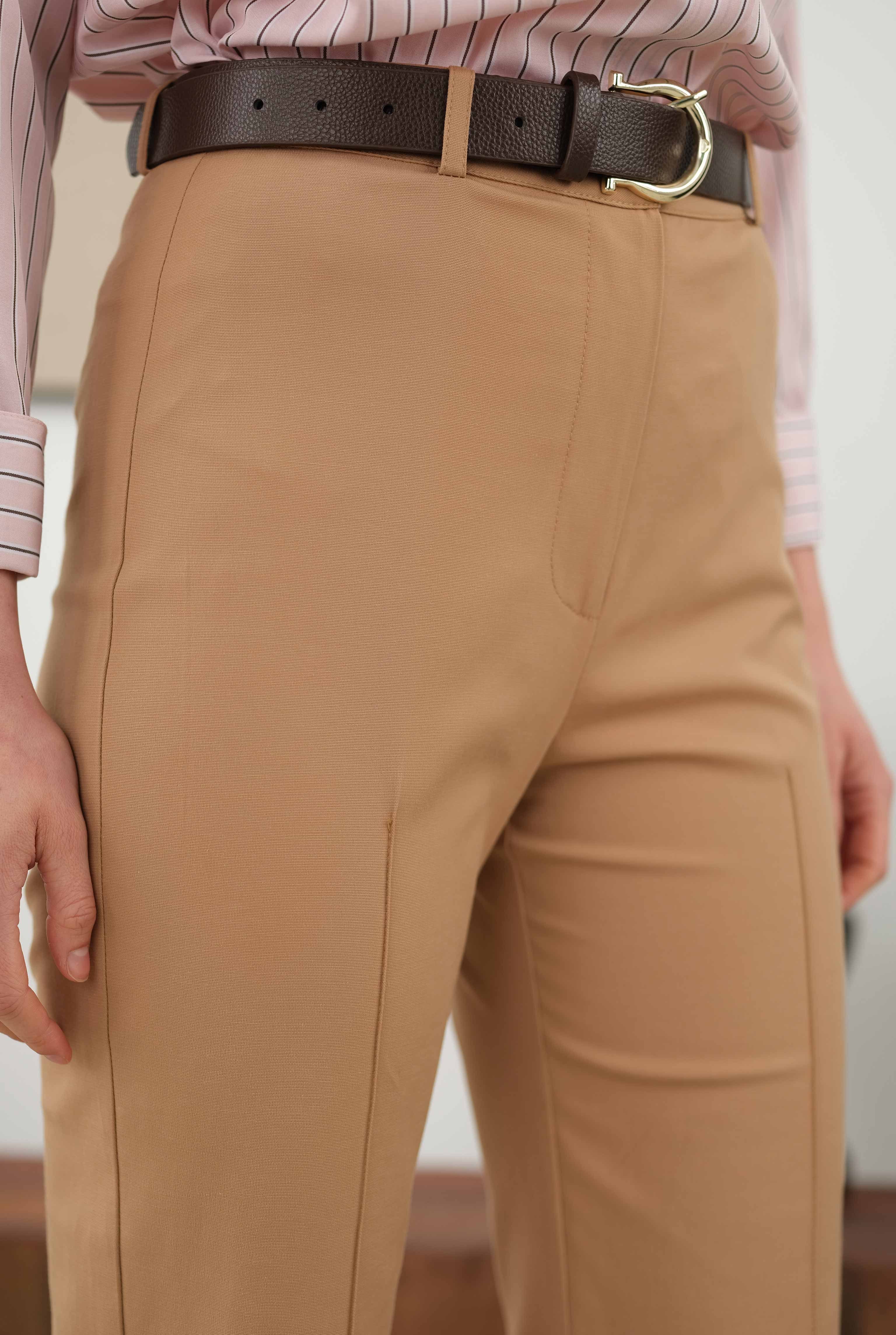 Half Pintuck Detailed Trousers Camel - 2