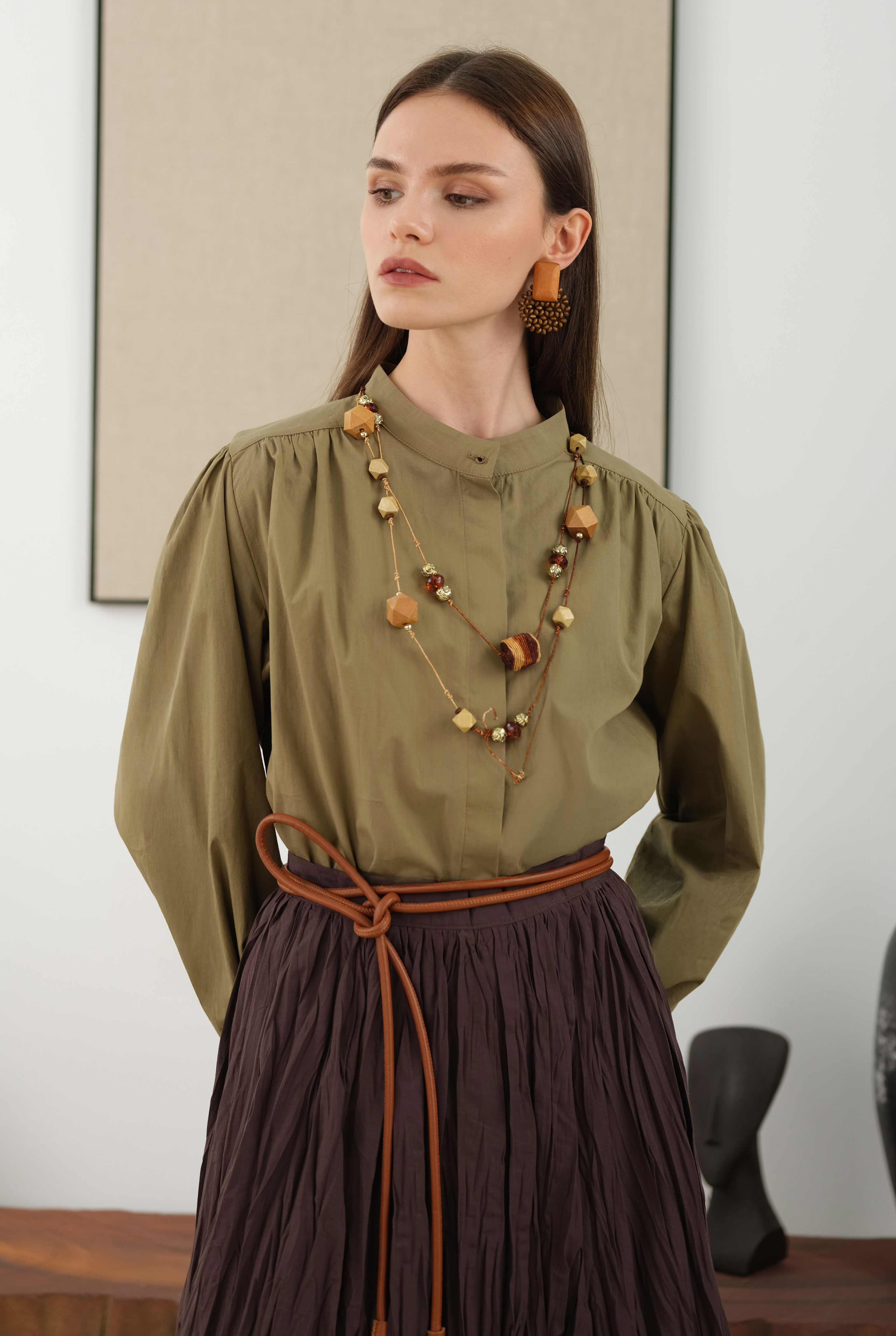 Ruched Shoulder Poplin Shirt Light Clay - 2