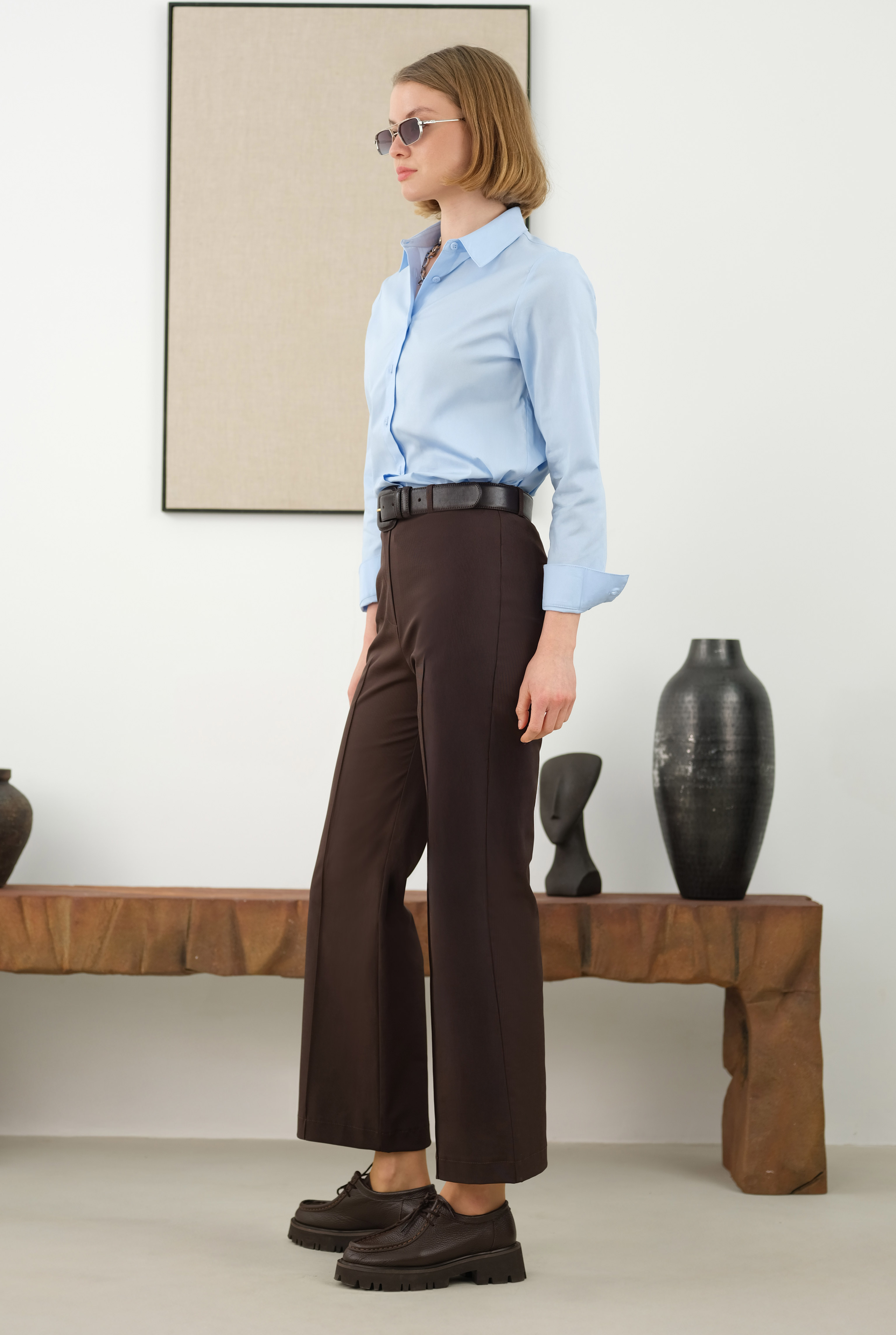 Half Pintuck Detailed Trousers Dark Brown - 3