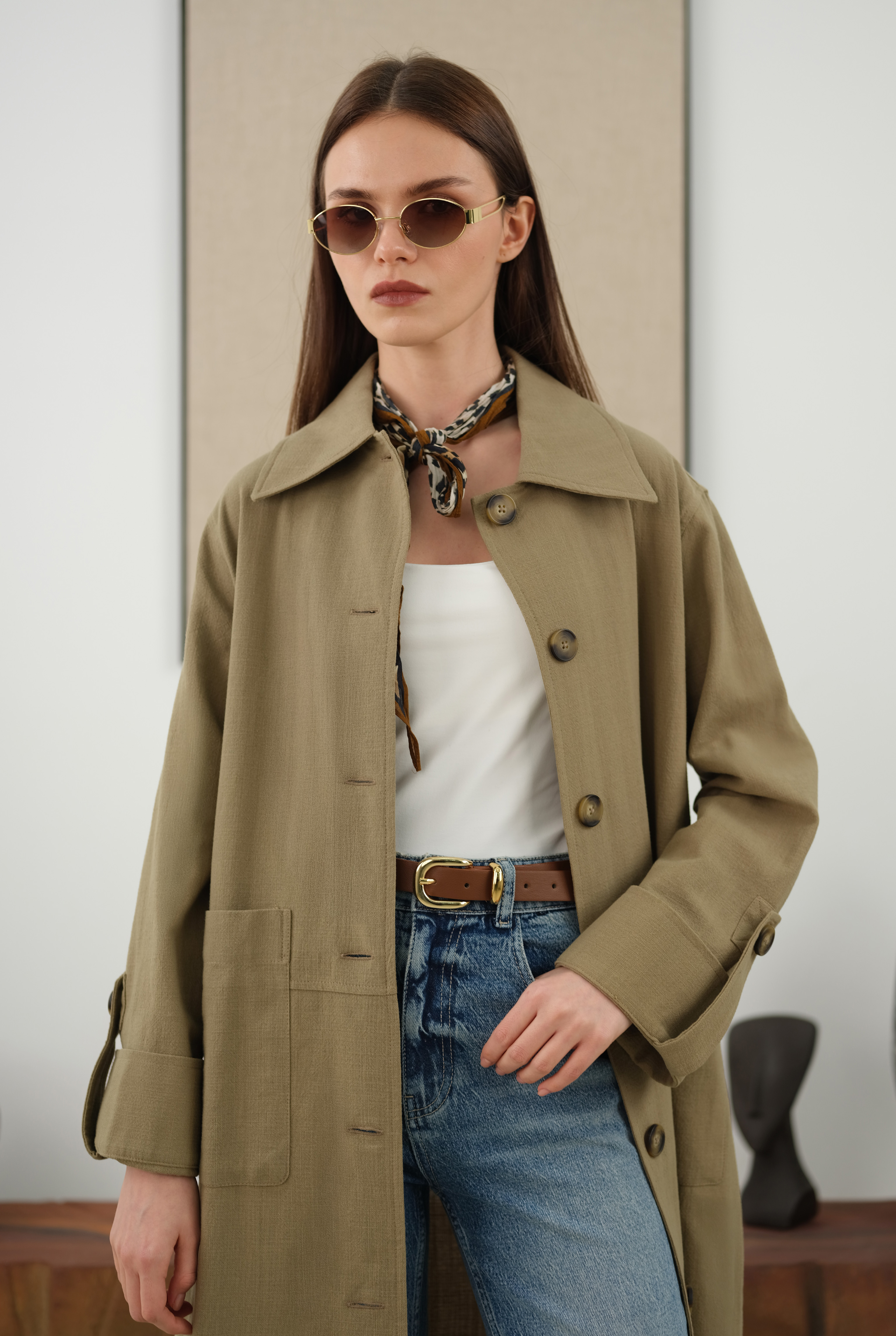 Cotton Linen Long Jacket Matt Sage Green - HE-QA