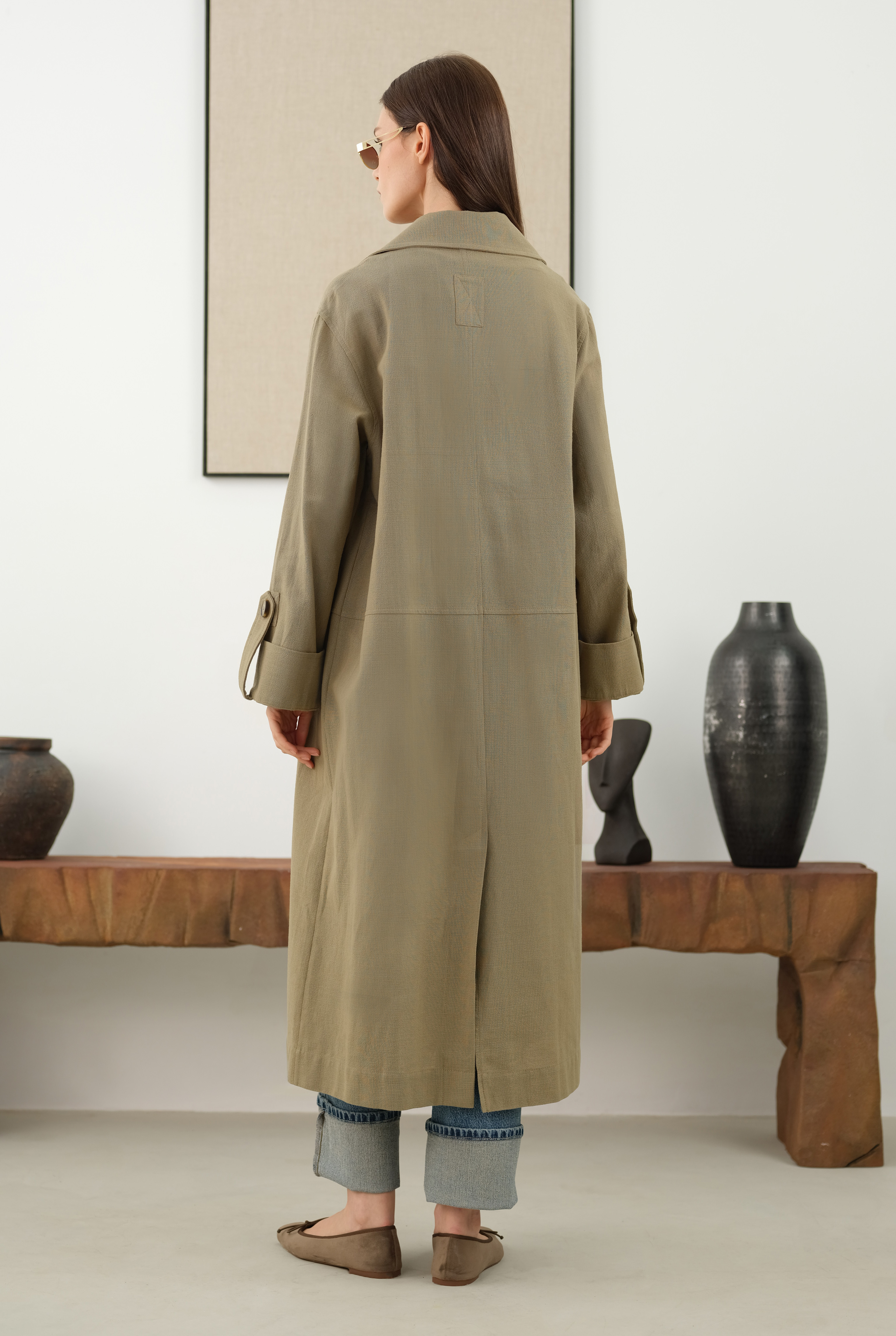 Cotton Linen Long Jacket Matt Sage Green - 6