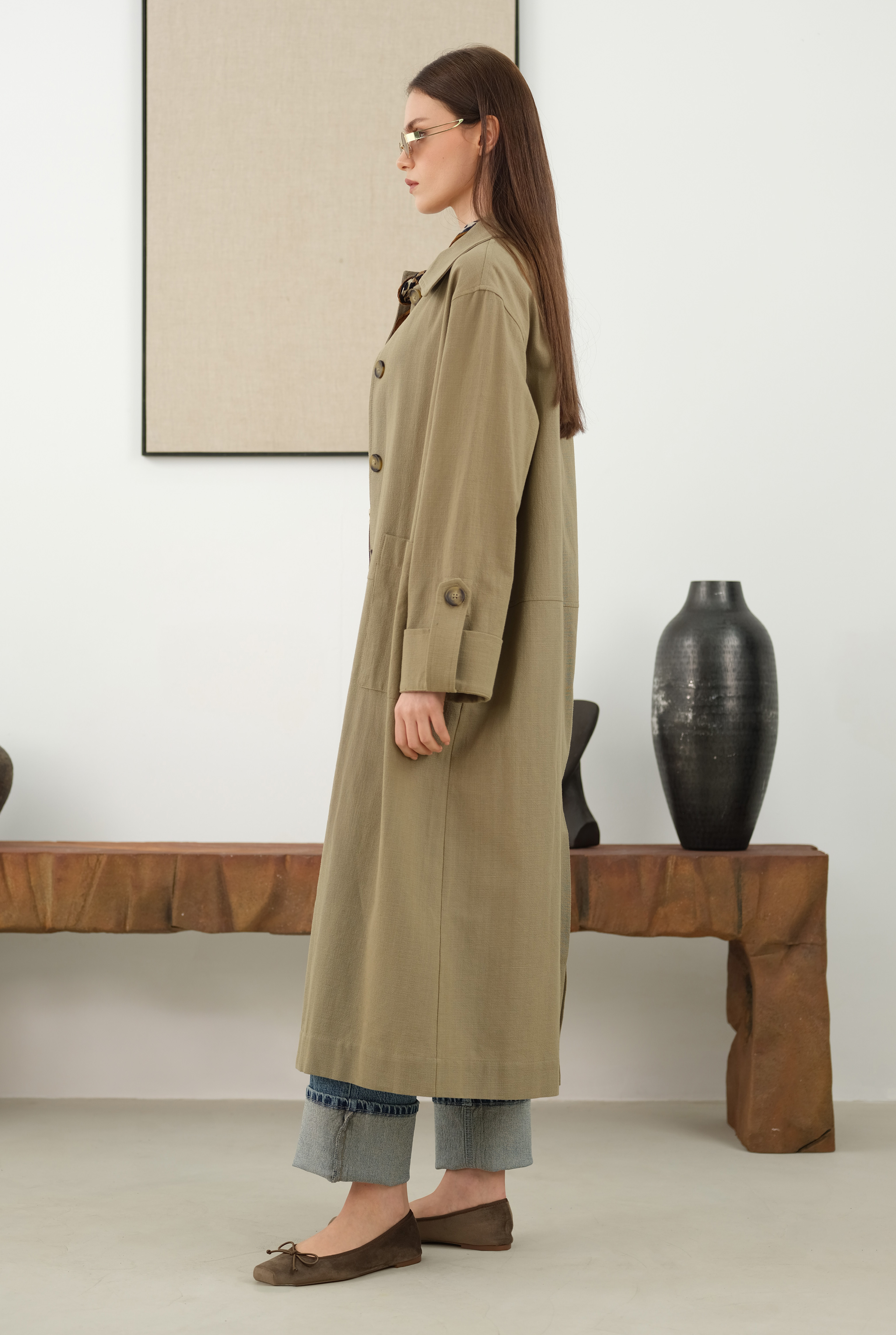 Cotton Linen Long Jacket Matt Sage Green - 3