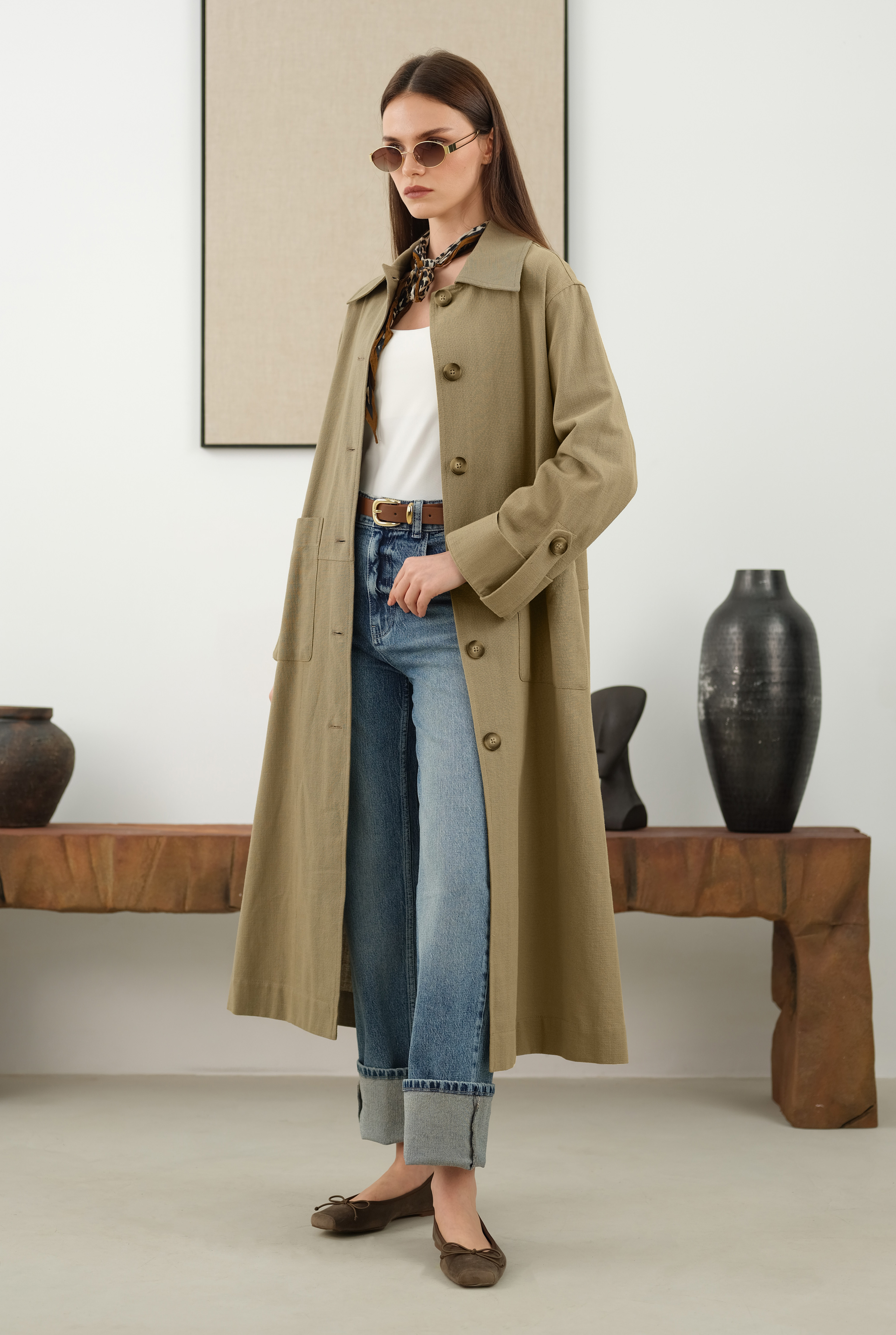 Cotton Linen Long Jacket Matt Sage Green - 4