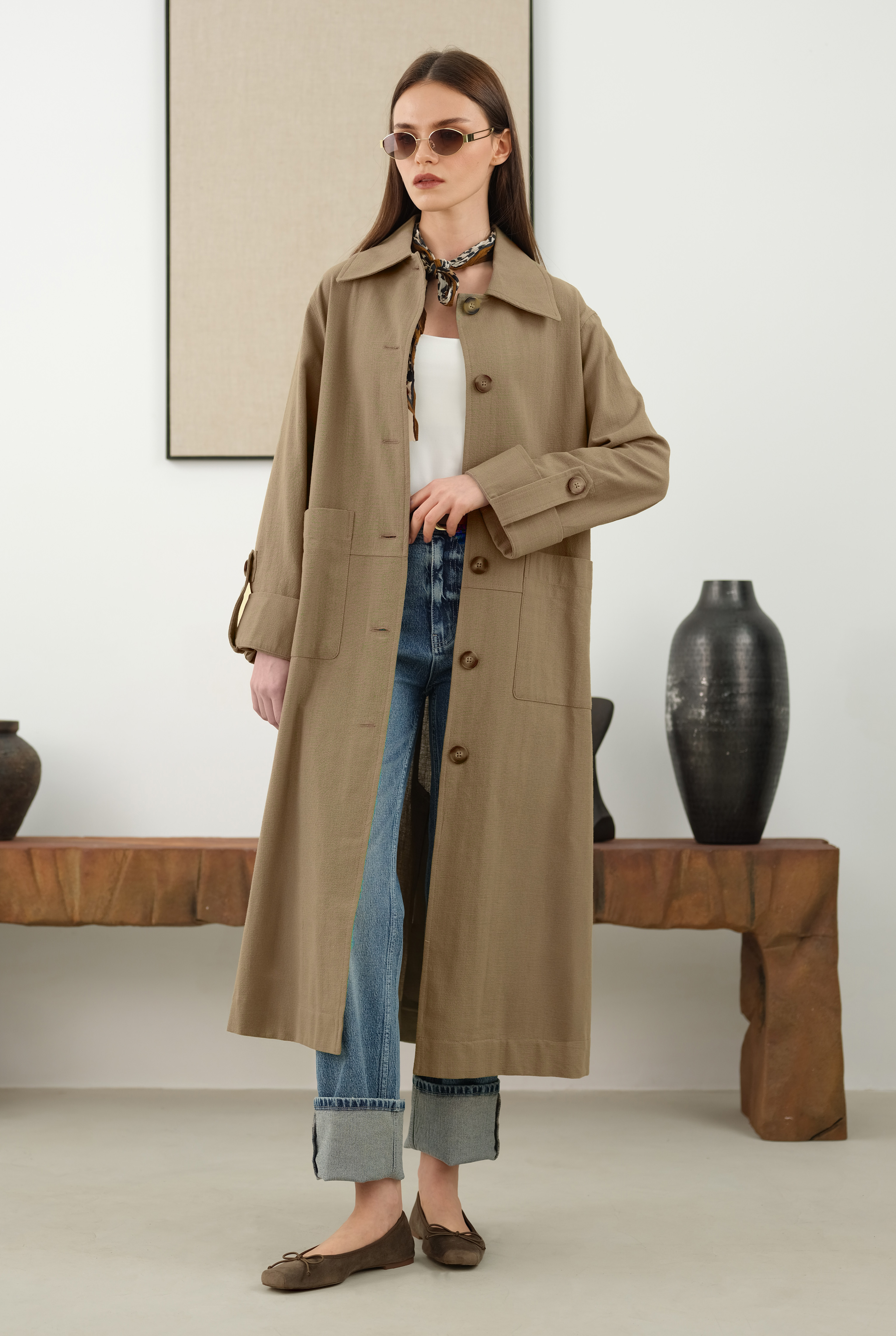 Cotton Linen Long Jacket Matt Sage Green - 2